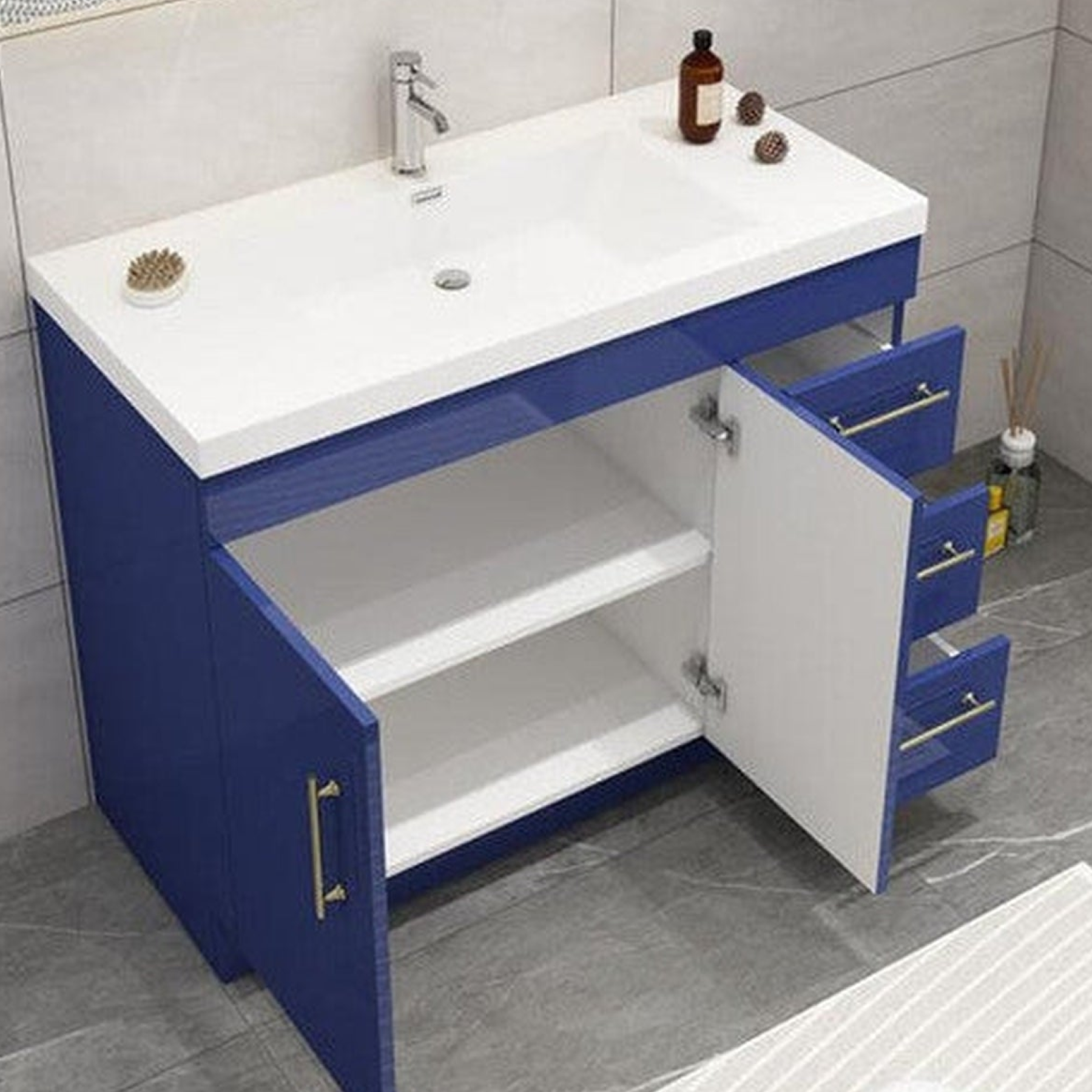 Elara 42" High Gloss Night Blue Freestanding Vanity With Right Side Drawers and Single Reinforced White Acrylic Sink