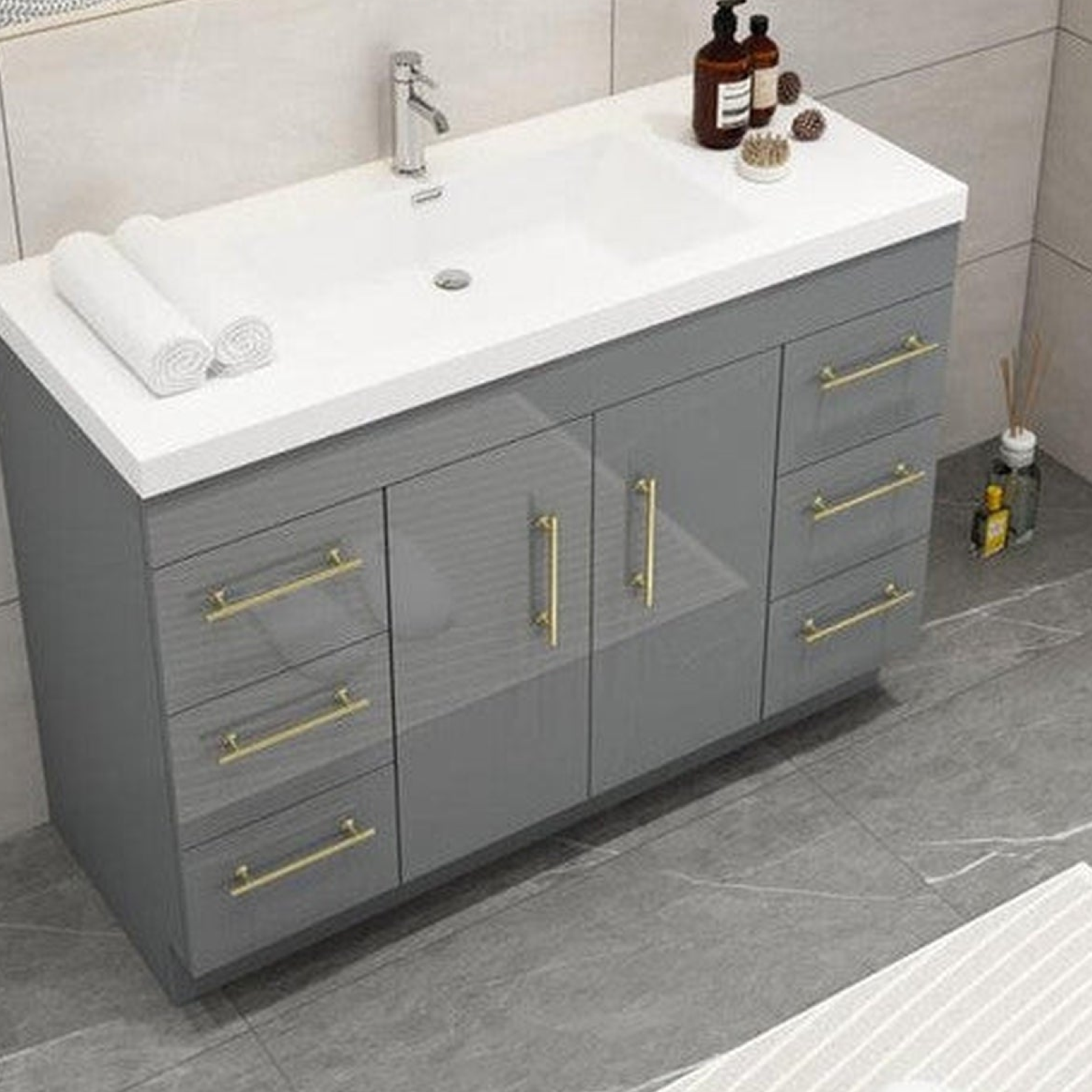 Elara 48" High Gloss Gray Freestanding Vanity With Single Reinforced White Acrylic Sink