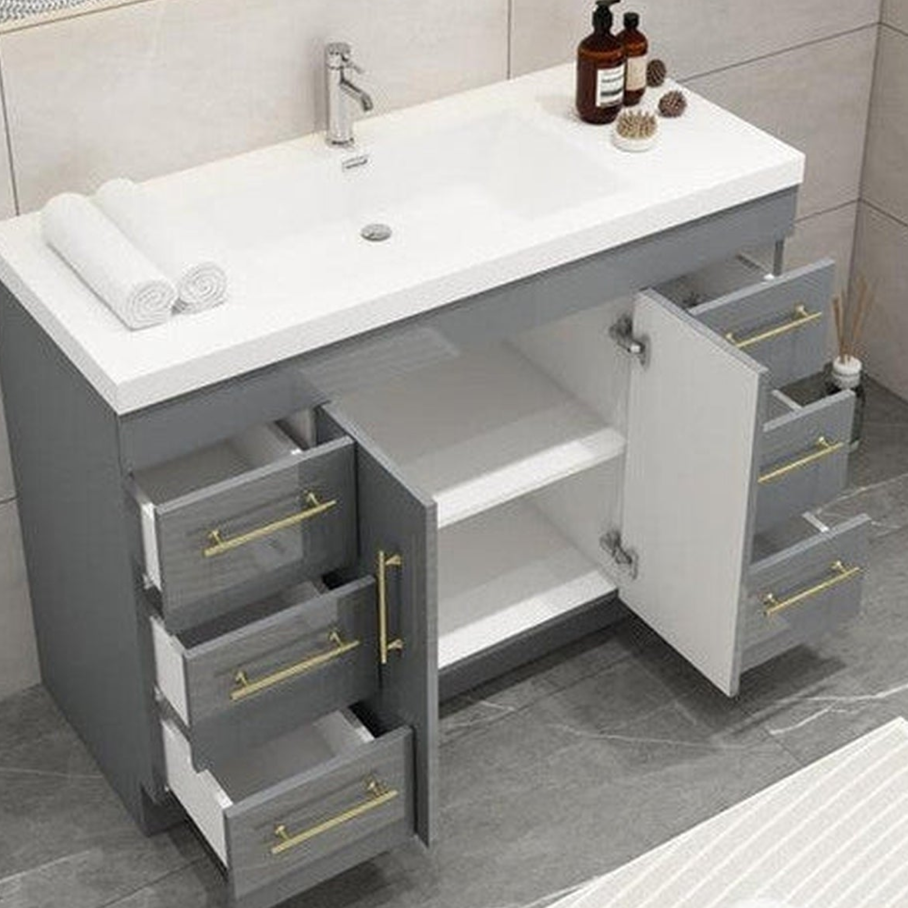 Elara 48" High Gloss Gray Freestanding Vanity With Single Reinforced White Acrylic Sink