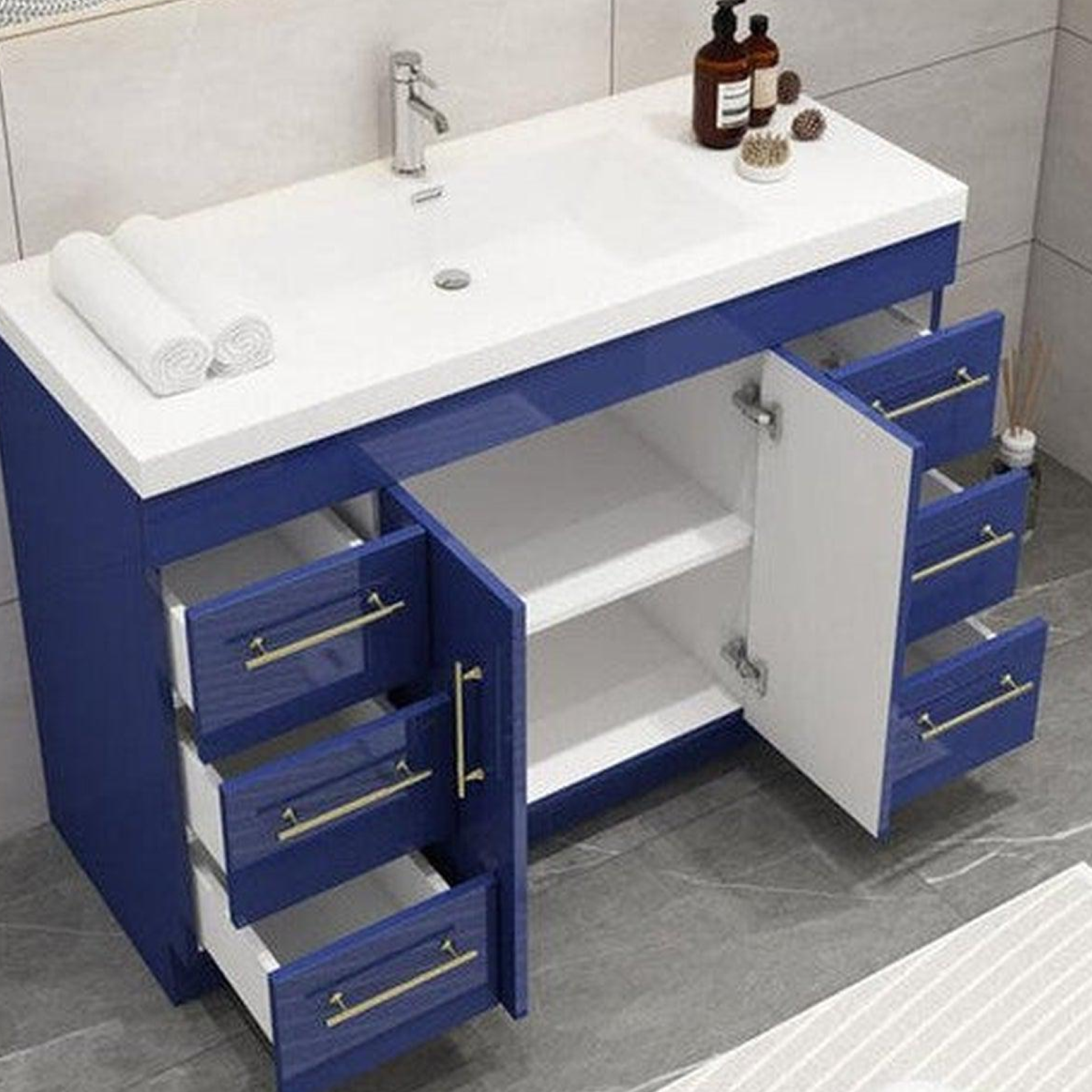 Elara 48" High Gloss Night Blue Freestanding Vanity With Single Reinforced White Acrylic Sink