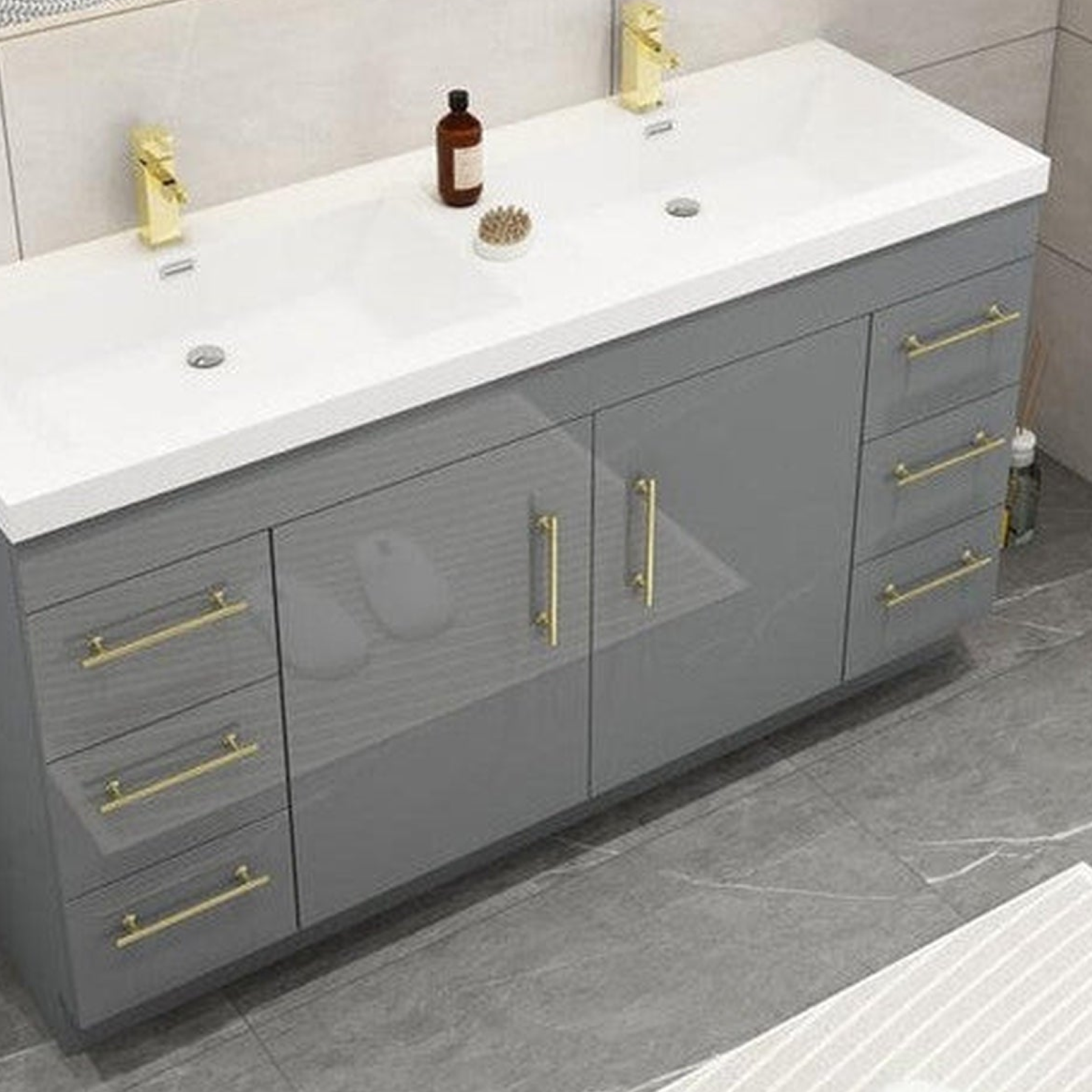 Elara 60" High Gloss Gray Freestanding Vanity With Double Reinforced White Acrylic Sinks