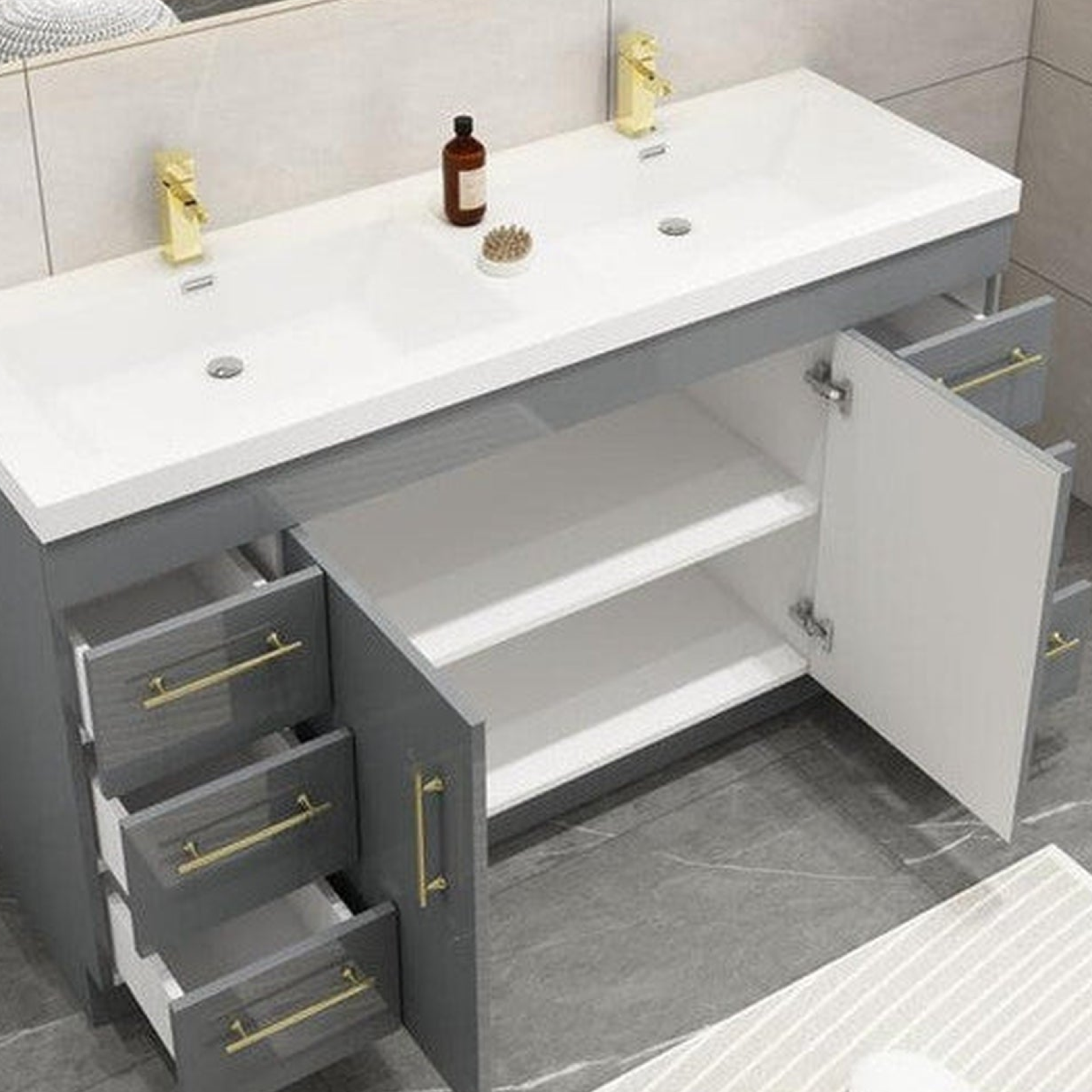 Elara 60" High Gloss Gray Freestanding Vanity With Double Reinforced White Acrylic Sinks