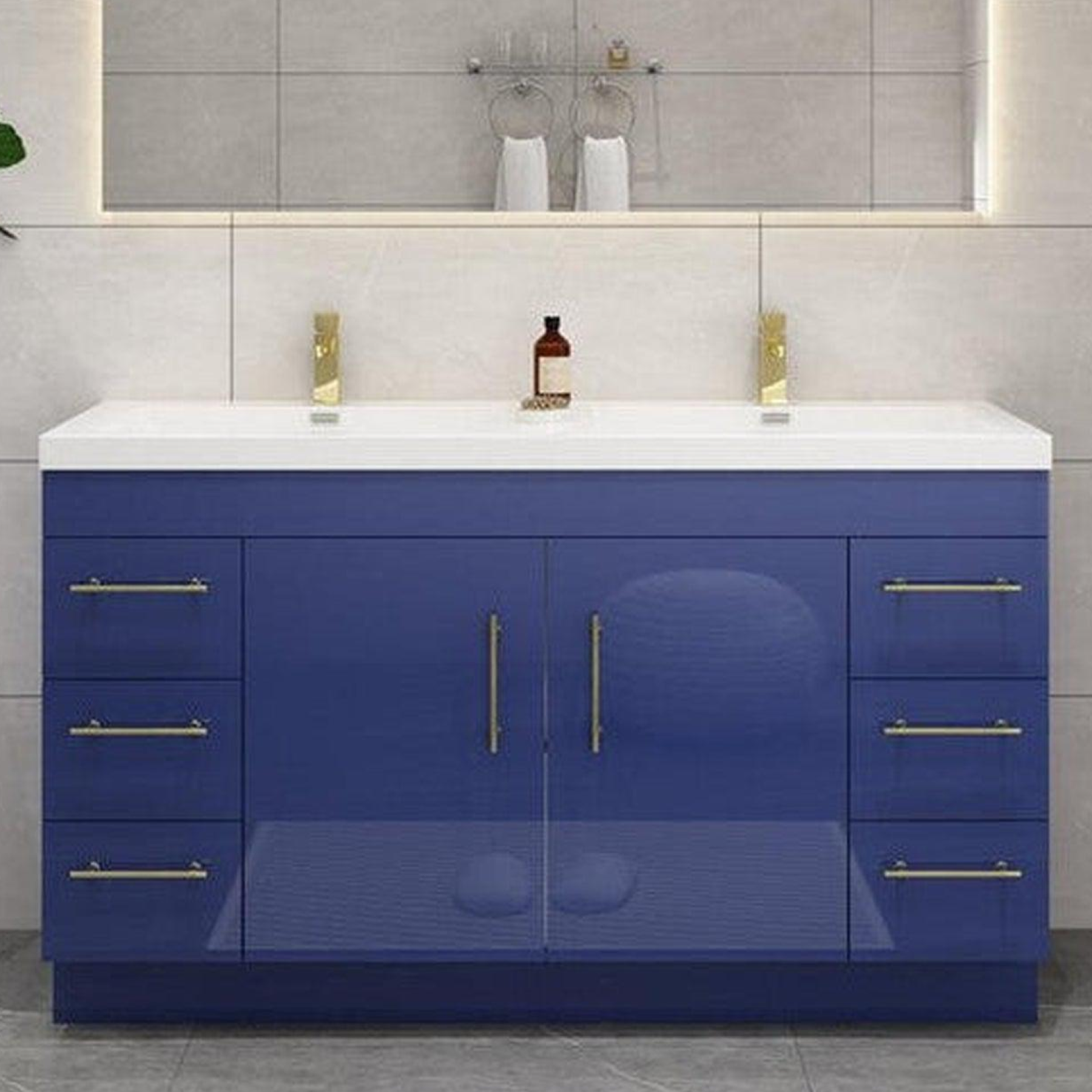 Elara 60" High Gloss Night Blue Freestanding Vanity With Double Reinforced White Acrylic Sinks
