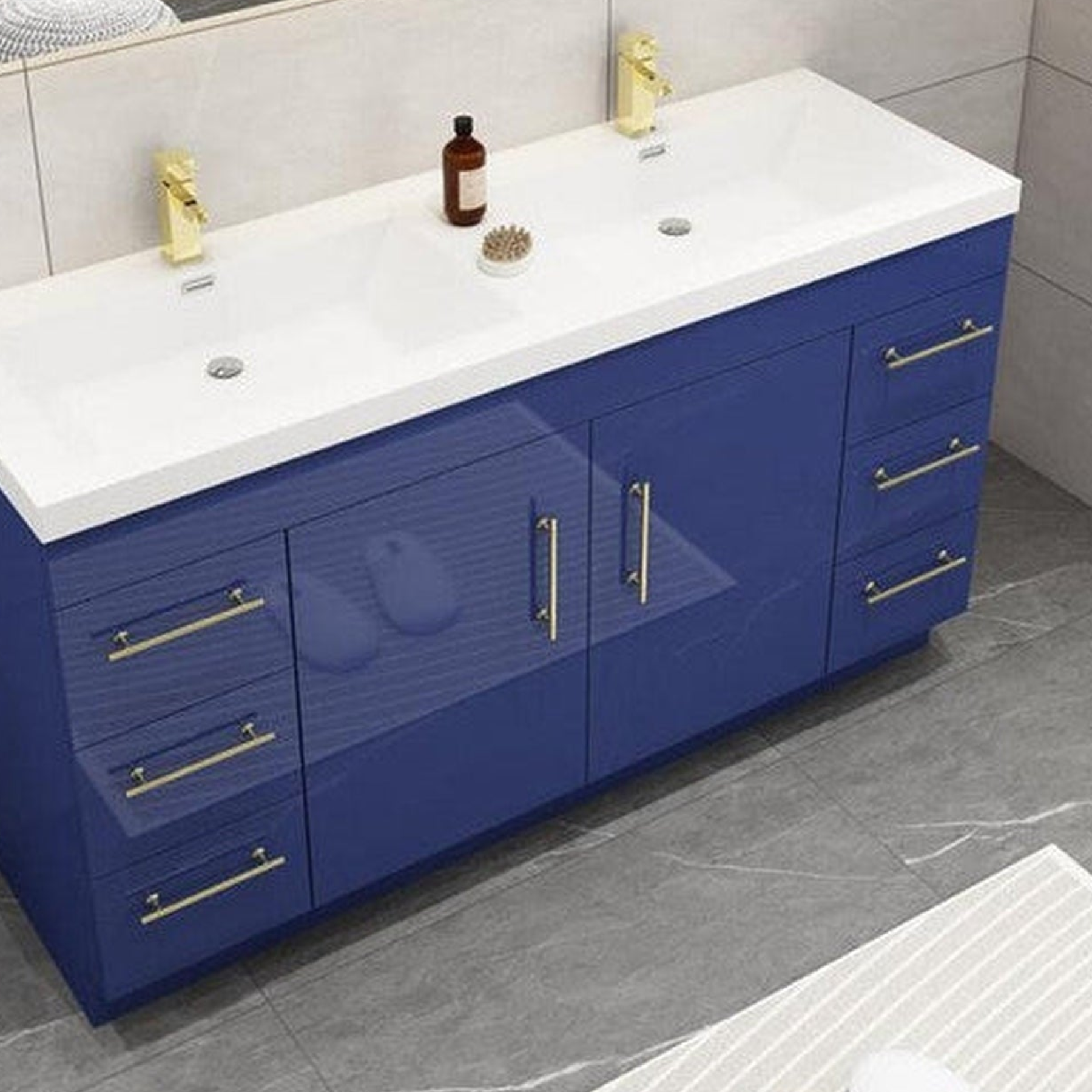 Elara 60" High Gloss Night Blue Freestanding Vanity With Double Reinforced White Acrylic Sinks