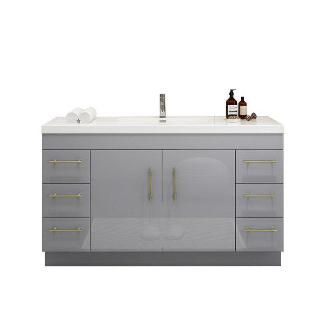 Elara 60" High Gloss Gray Freestanding Vanity With Single Reinforced White Acrylic Sink