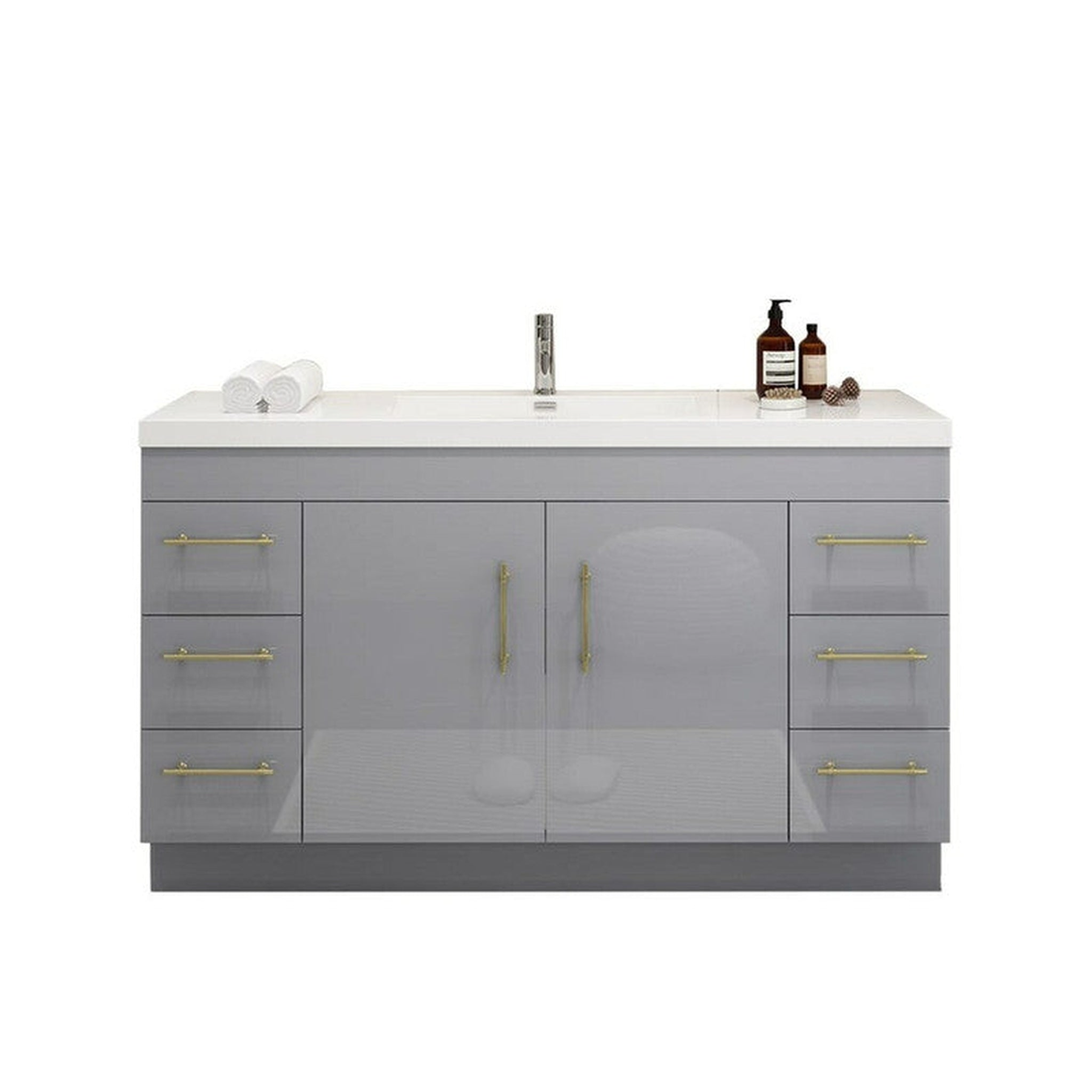 Elara 60" High Gloss Gray Freestanding Vanity With Single Reinforced White Acrylic Sink