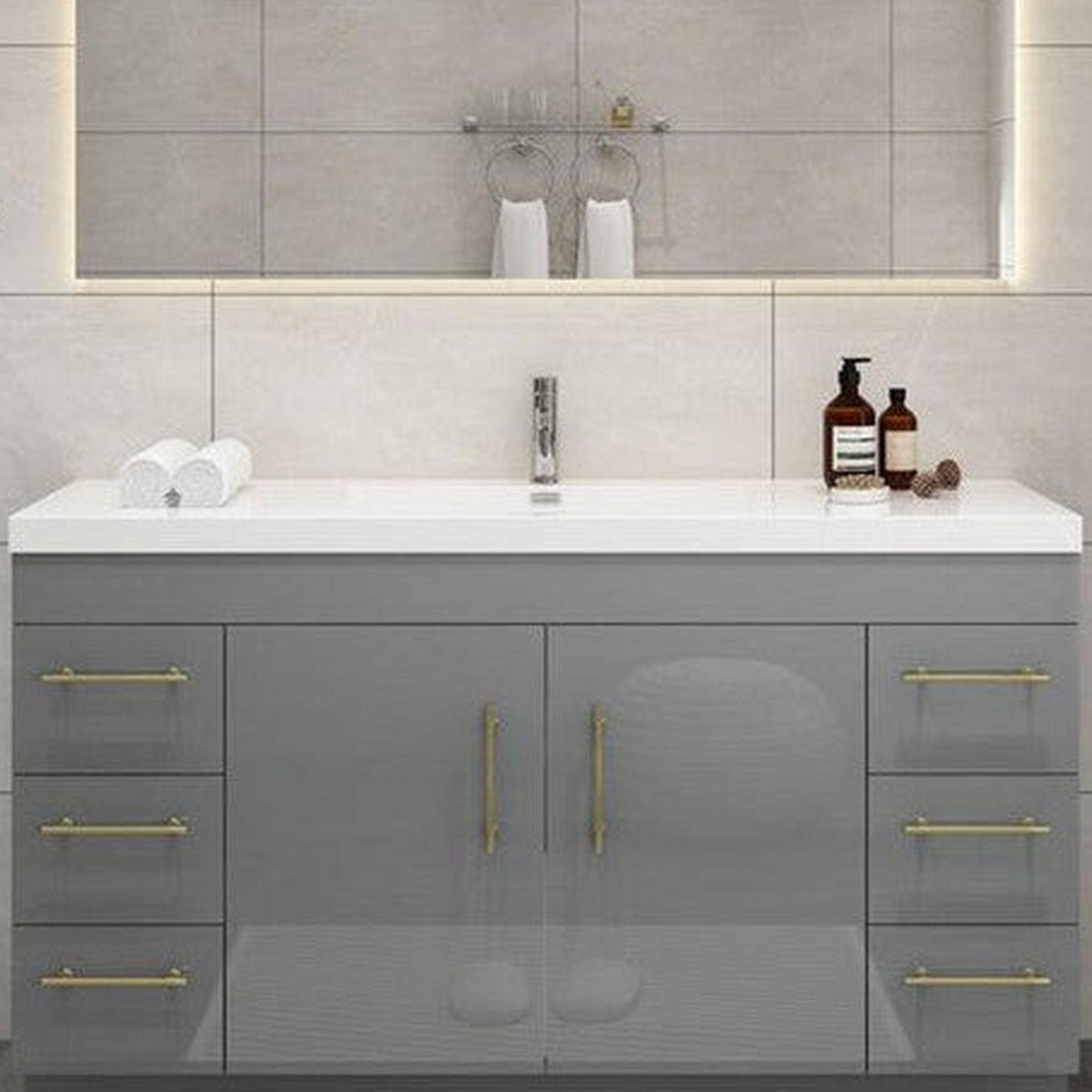 Elara 60" High Gloss Gray Freestanding Vanity With Single Reinforced White Acrylic Sink