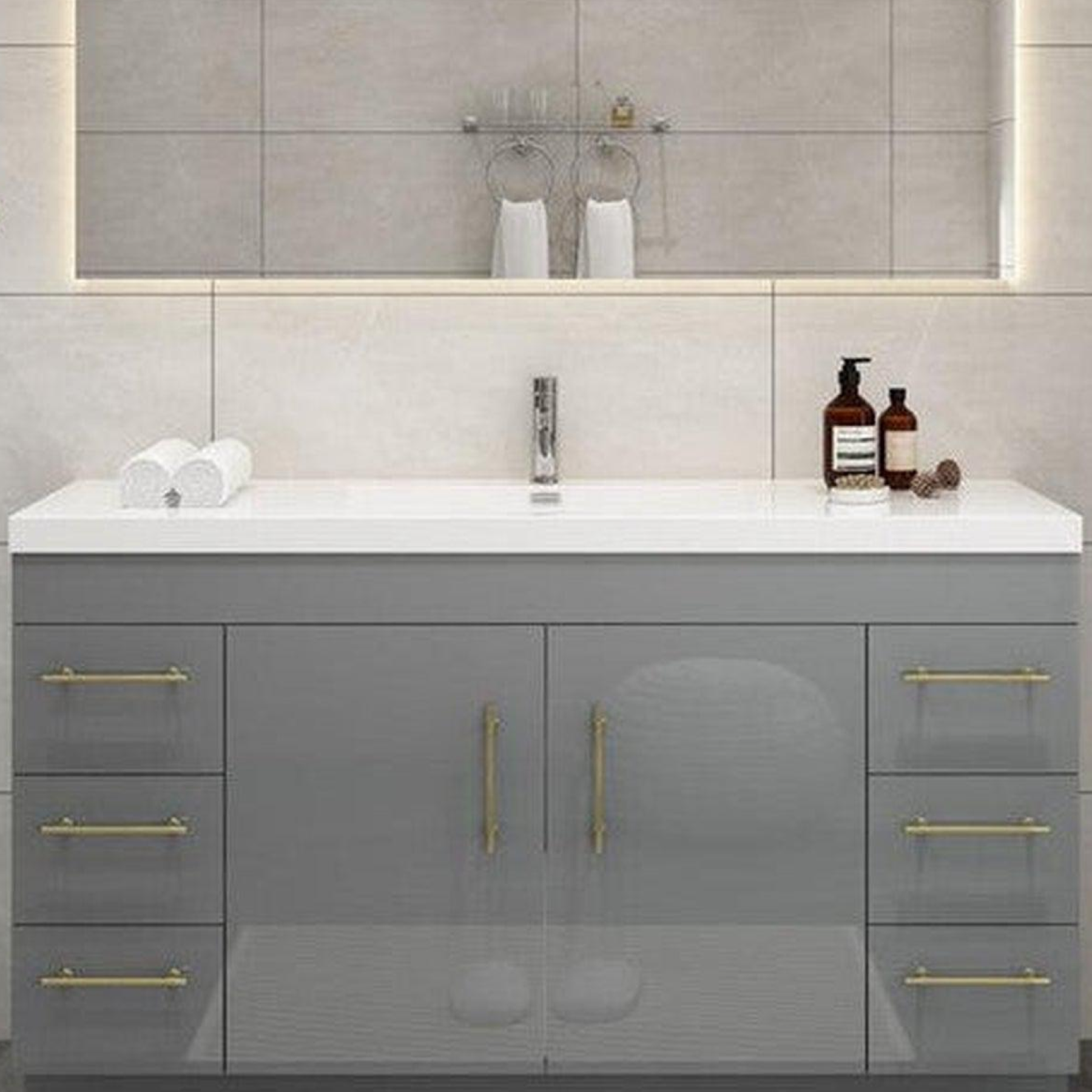 Elara 60" High Gloss Gray Freestanding Vanity With Single Reinforced White Acrylic Sink