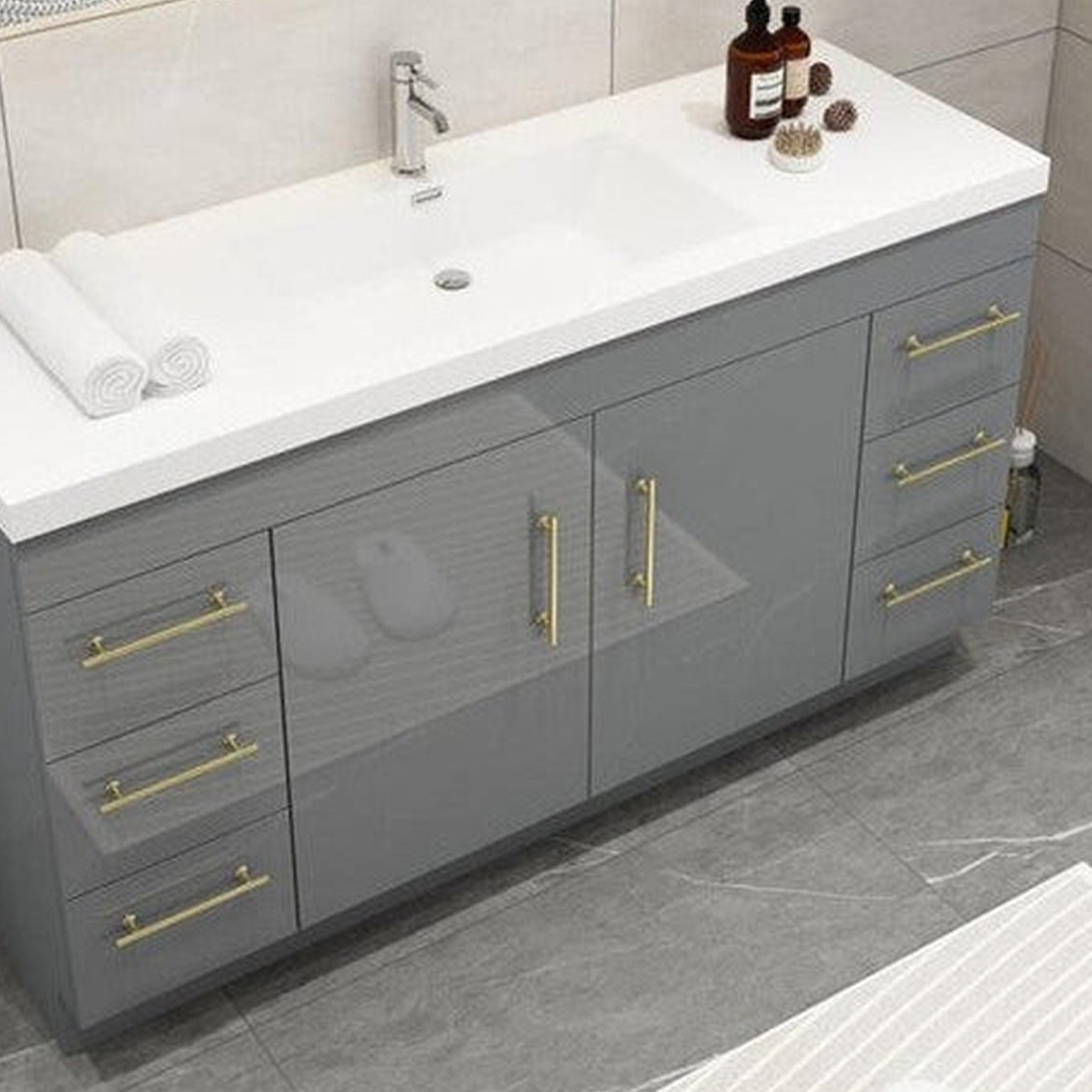 Elara 60" High Gloss Gray Freestanding Vanity With Single Reinforced White Acrylic Sink