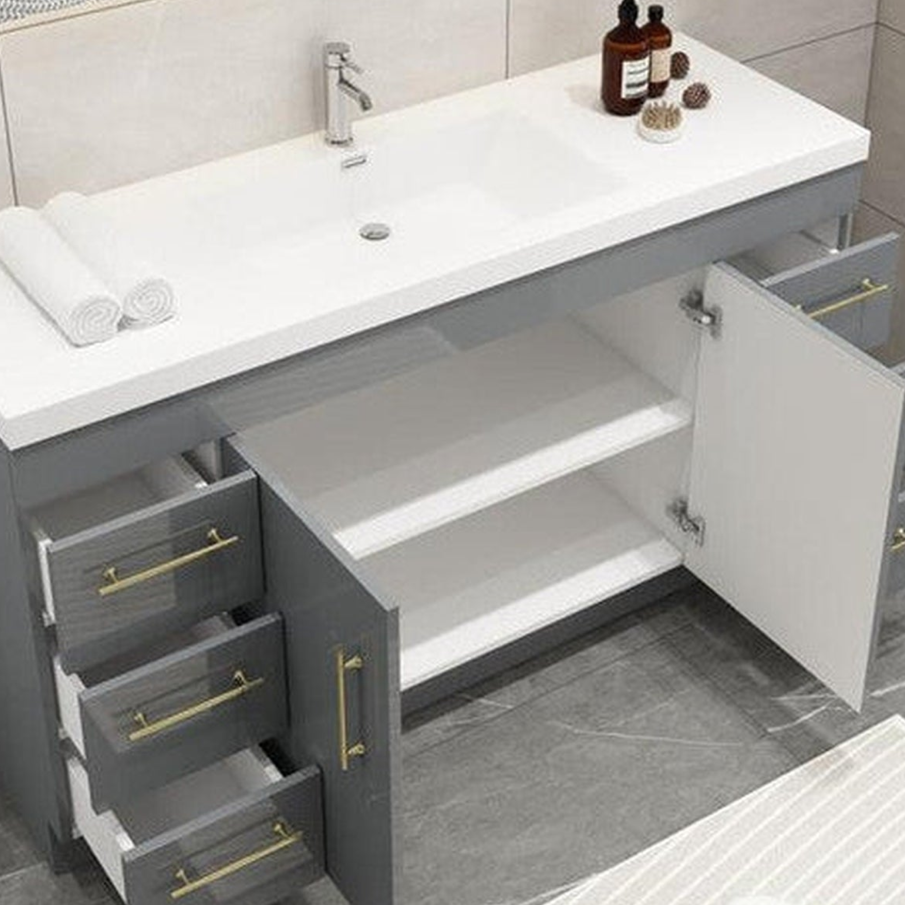 Elara 60" High Gloss Gray Freestanding Vanity With Single Reinforced White Acrylic Sink