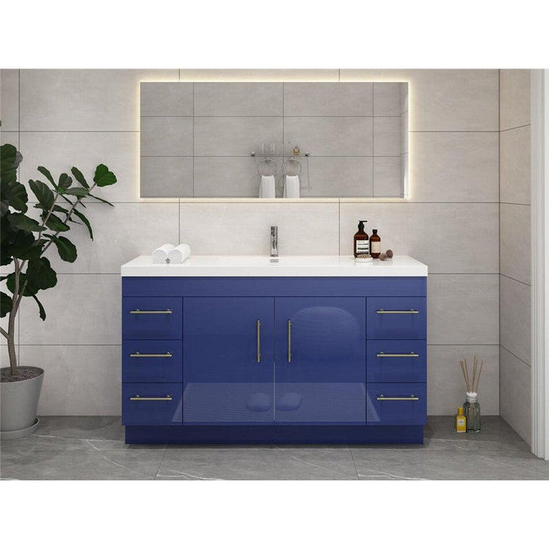 Elara 60" High Gloss Night Blue Freestanding Vanity With Single Reinforced White Acrylic Sink