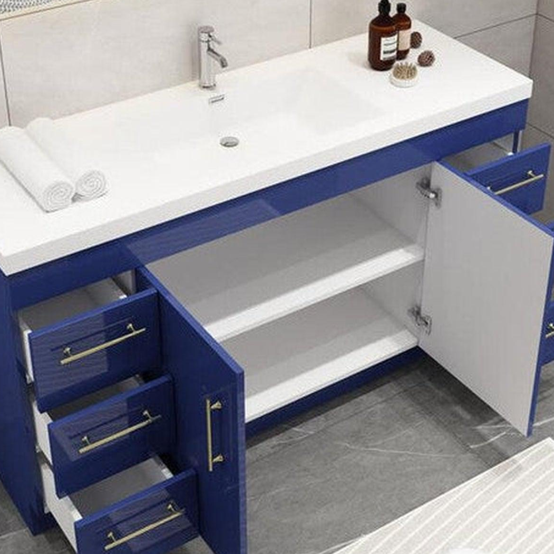 Elara 60" High Gloss Night Blue Freestanding Vanity With Single Reinforced White Acrylic Sink