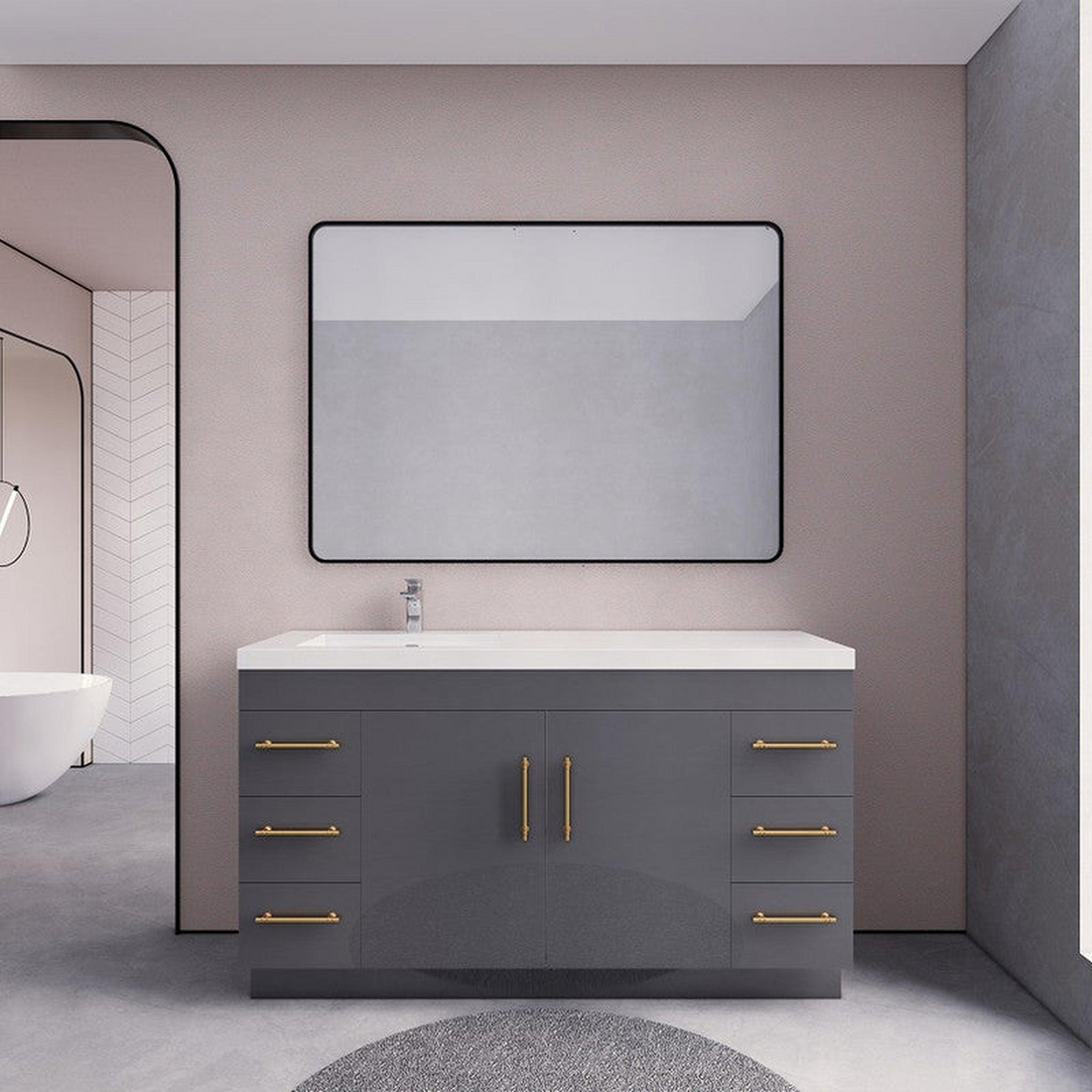Elara 60" High Gloss Gray Freestanding Vanity With Single Reinforced White Acrylic Left Side Sink