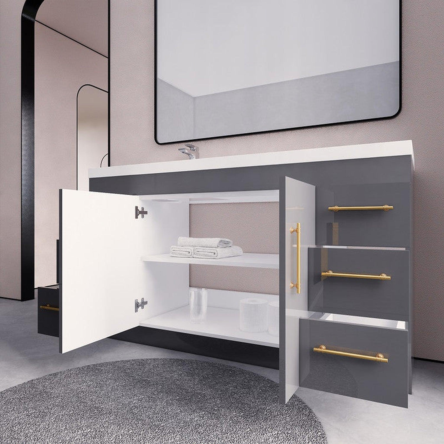 Elara 60" High Gloss Gray Freestanding Vanity With Single Reinforced White Acrylic Left Side Sink