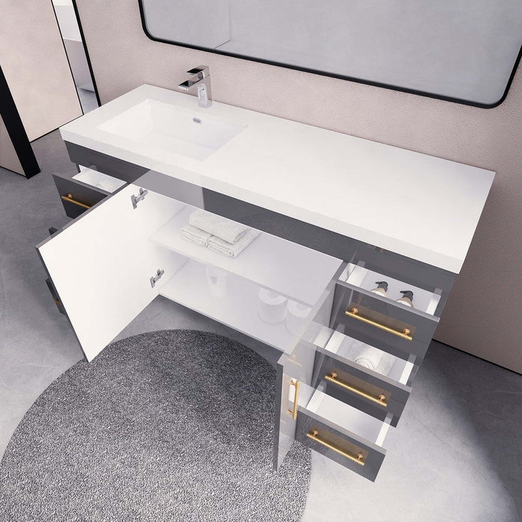 Elara 60" High Gloss Gray Freestanding Vanity With Single Reinforced White Acrylic Left Side Sink