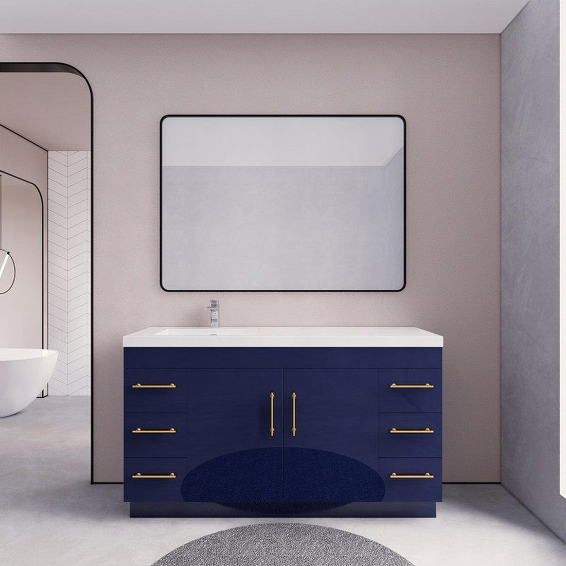 Elara 60" High Gloss Night Blue Freestanding Vanity With Single Reinforced White Acrylic Left Side Sink