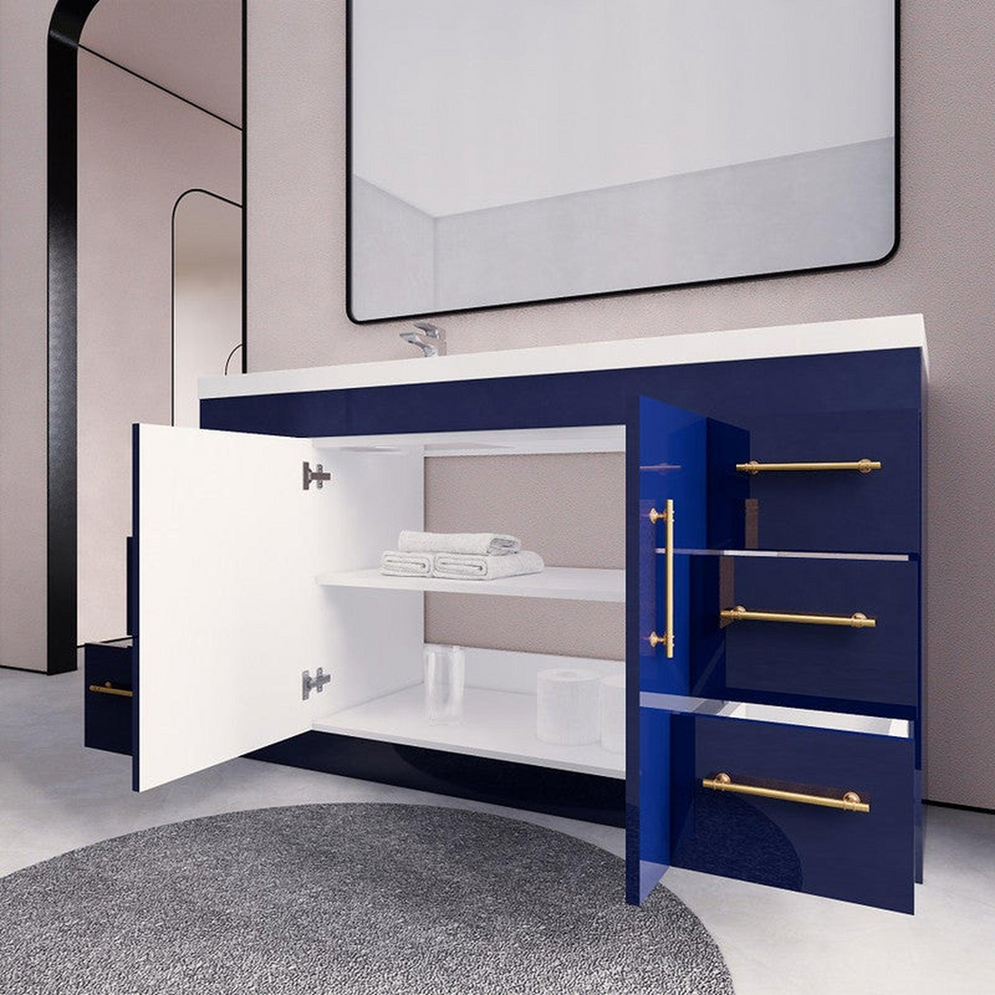 Elara 60" High Gloss Night Blue Freestanding Vanity With Single Reinforced White Acrylic Left Side Sink