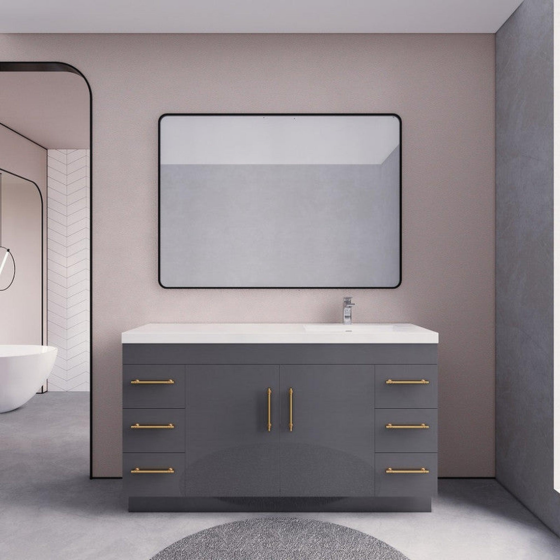 Elara 60" High Gloss Gray Freestanding Vanity With Single Reinforced White Acrylic Right Side Sink
