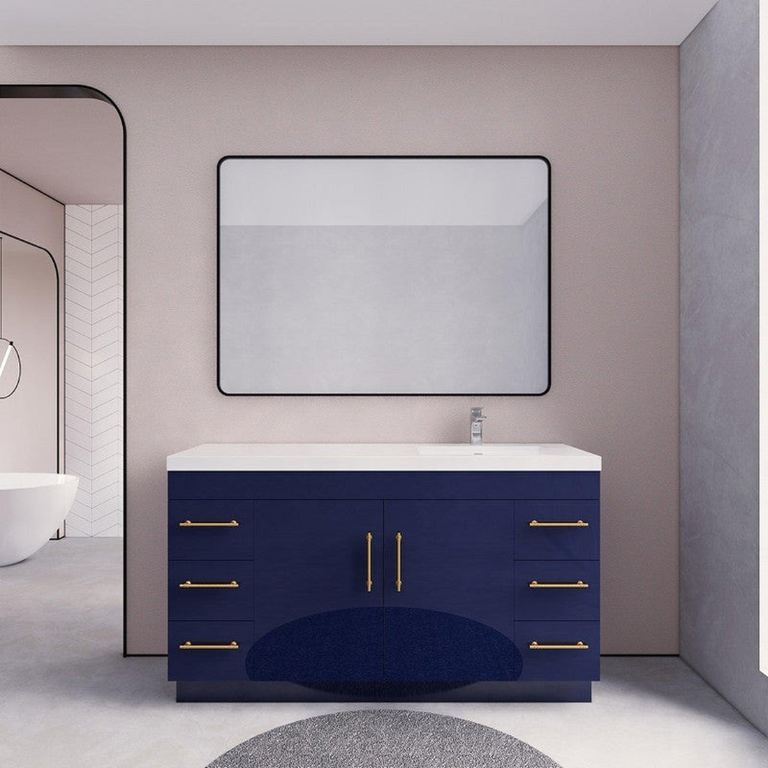 Elara 60" High Gloss Night Blue Freestanding Vanity With Single Reinforced White Acrylic Right Side Sink