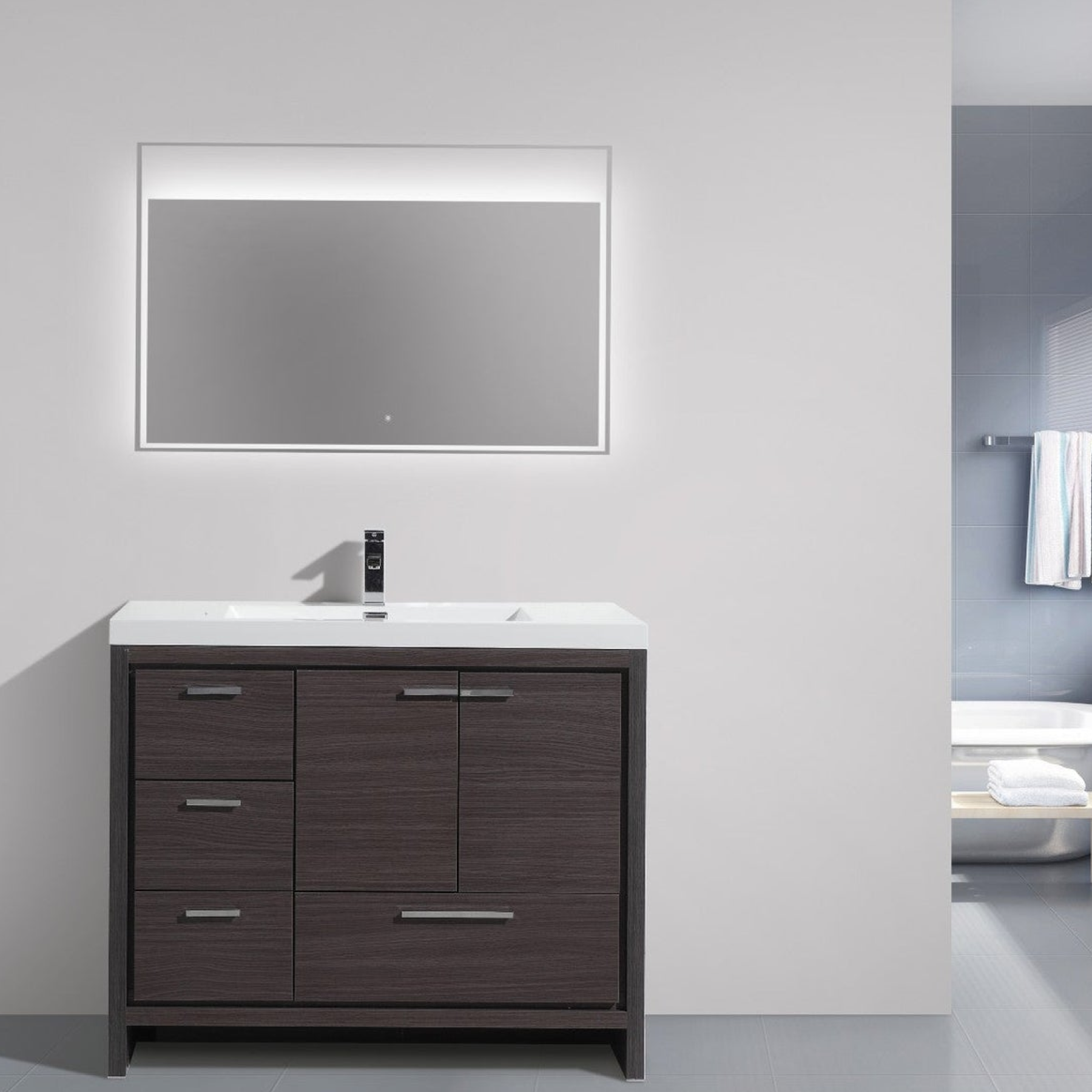 Amara 42" Dark Gray Oak Freestanding Vanity With Left Side Drawers and Single Reinforced White Acrylic Sink