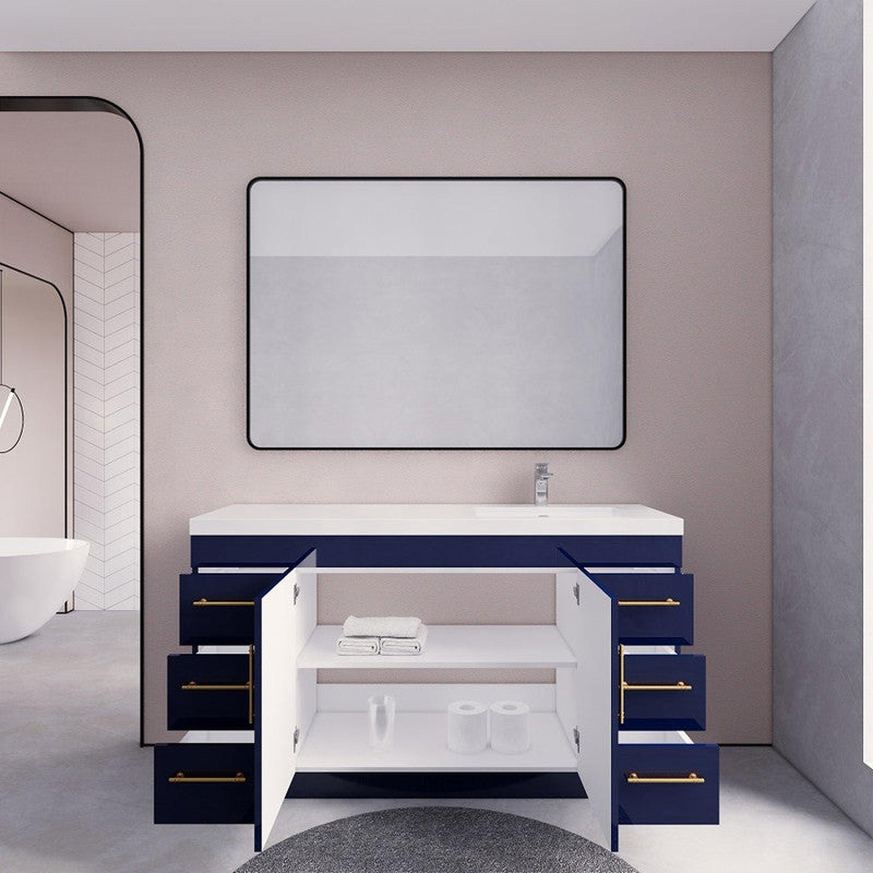 Elara 60" High Gloss Night Blue Freestanding Vanity With Single Reinforced White Acrylic Right Side Sink