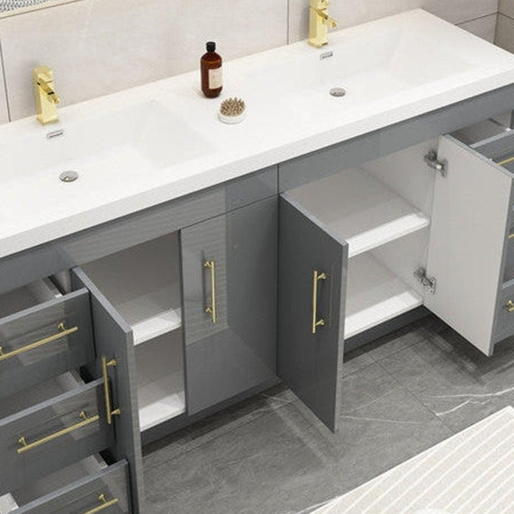 Elara 72" High Gloss Gray Freestanding Vanity With Double Reinforced White Acrylic Sinks