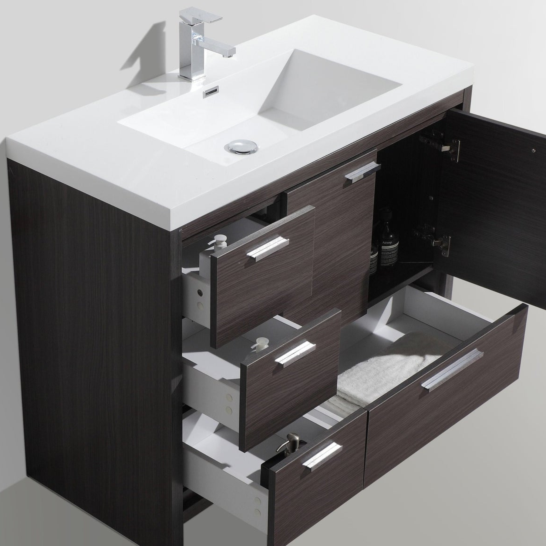 Amara 42" Dark Gray Oak Freestanding Vanity With Left Side Drawers and Single Reinforced White Acrylic Sink