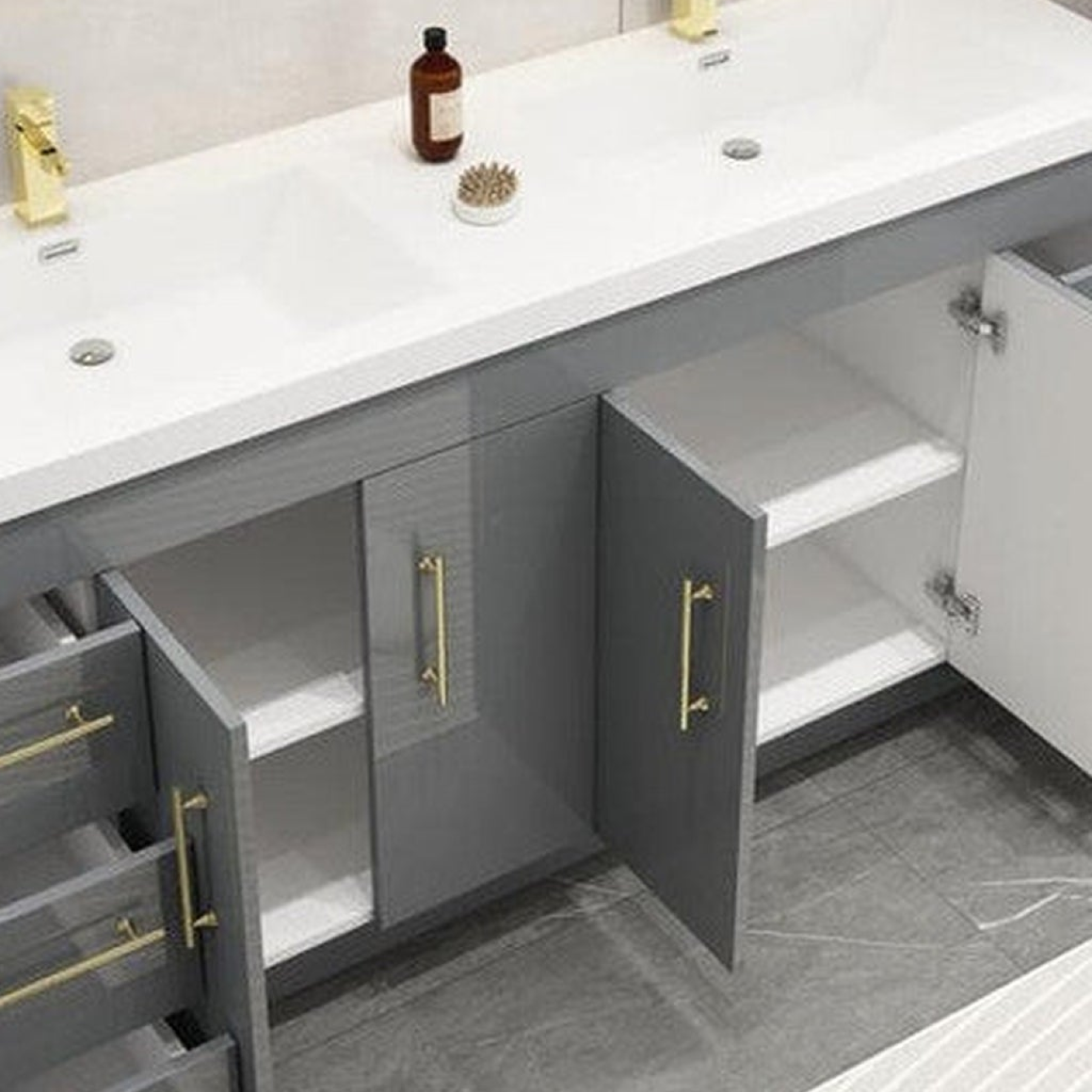 Elara 84" High Gloss Gray Freestanding Vanity With Double Reinforced White Acrylic Sinks