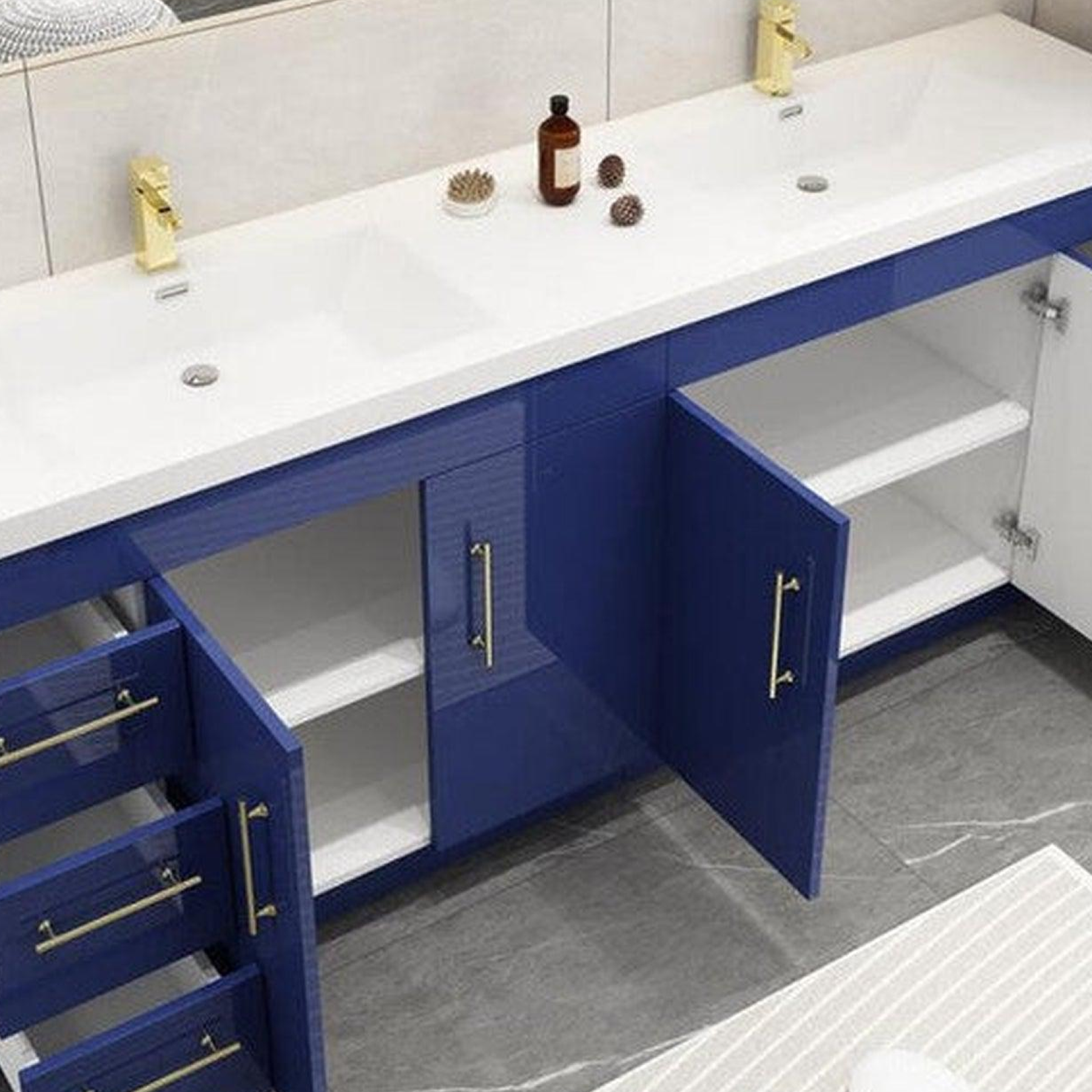 Elara 84" High Gloss Night Blue Freestanding Vanity With Double Reinforced White Acrylic Sinks