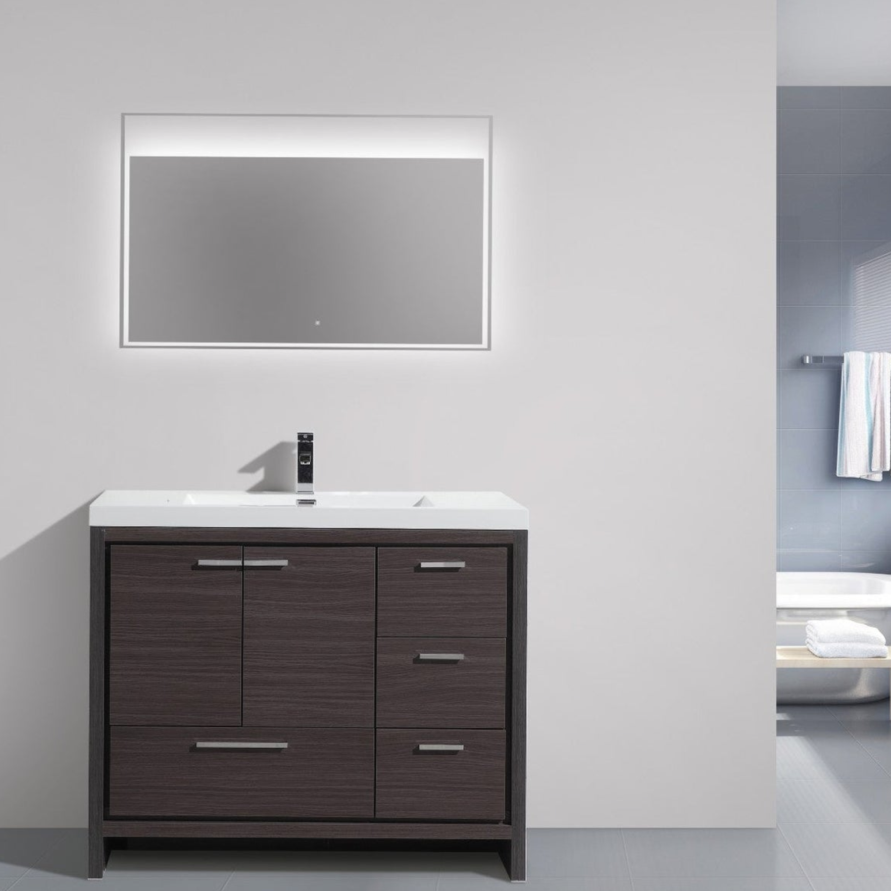 Amara 42" Dark Gray Oak Freestanding Vanity With Right Side Drawers and Single Reinforced White Acrylic Sink