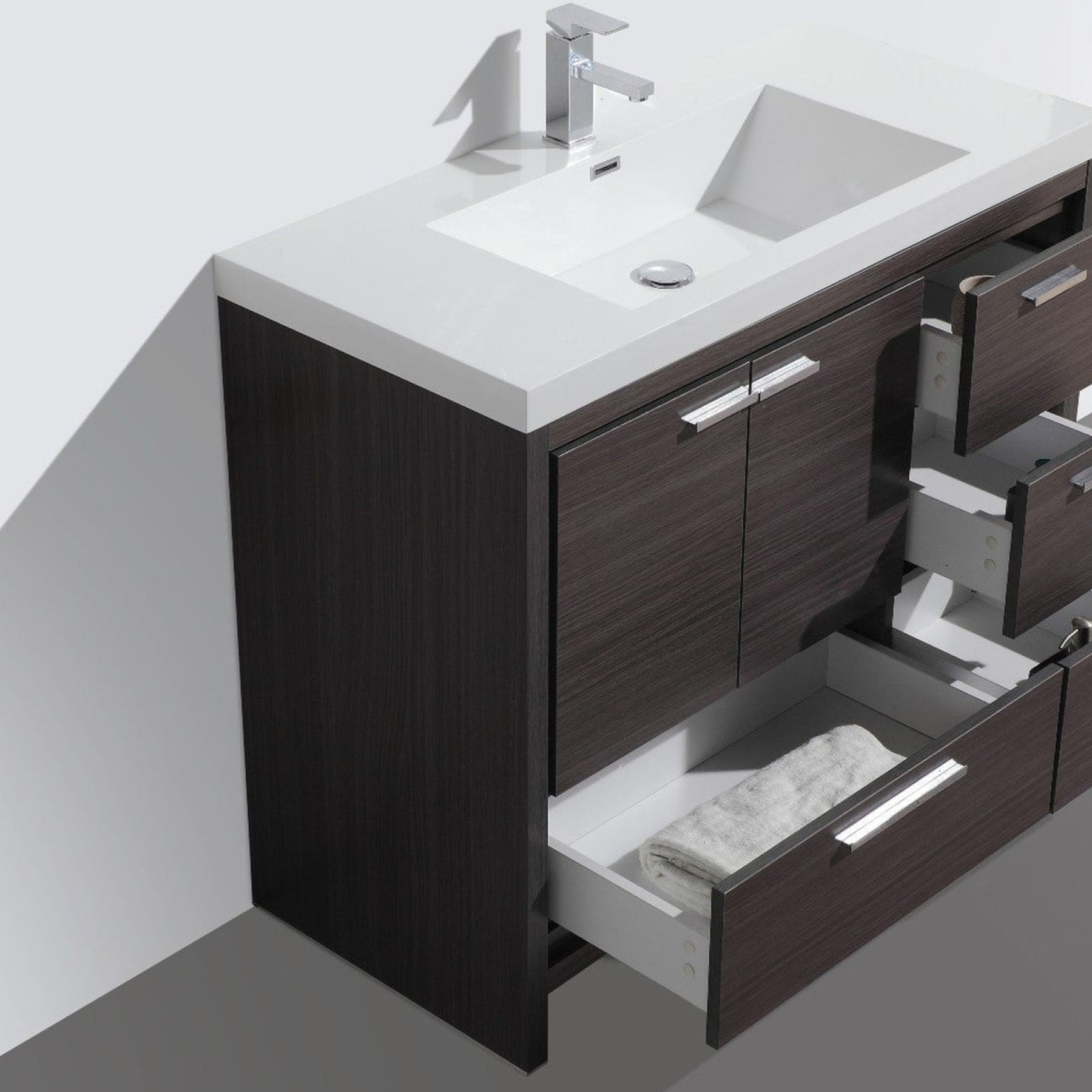 Amara 42" Dark Gray Oak Freestanding Vanity With Right Side Drawers and Single Reinforced White Acrylic Sink