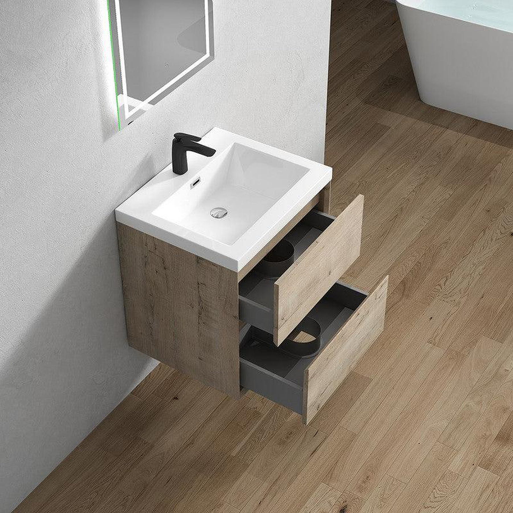 Noble 24" Light Oak Wall-Mounted Vanity With Single Reinforced White Acrylic Sink