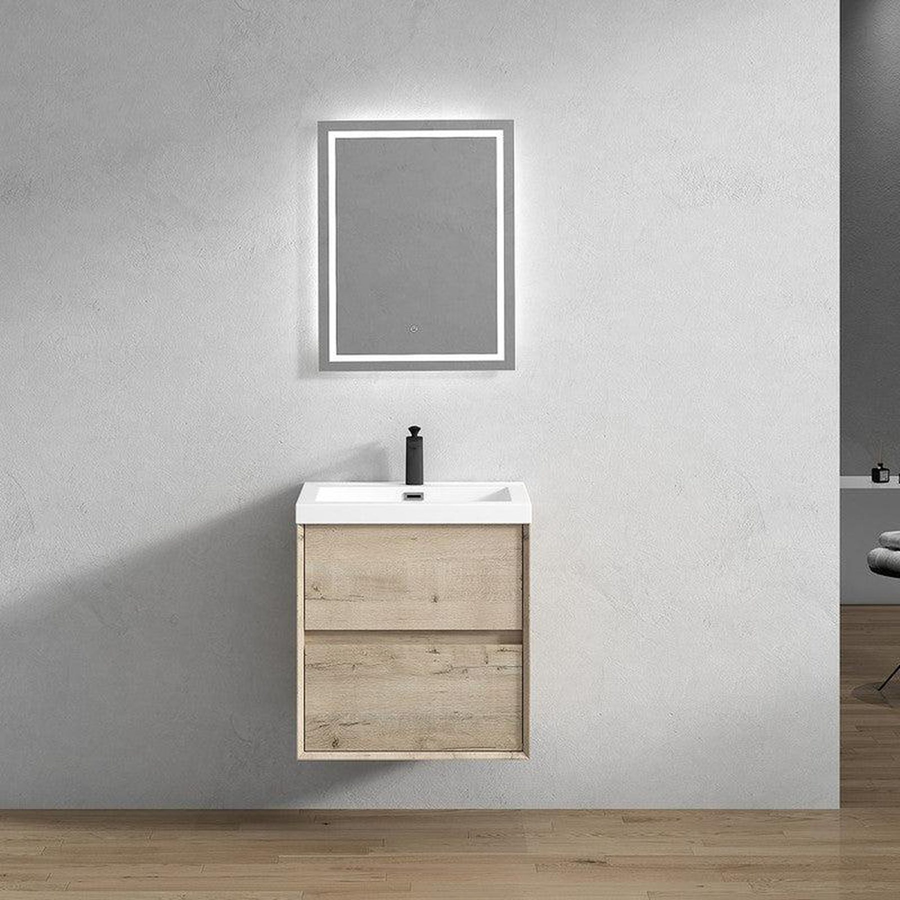 Noble 24" Light Oak Wall-Mounted Vanity With Single Reinforced White Acrylic Sink