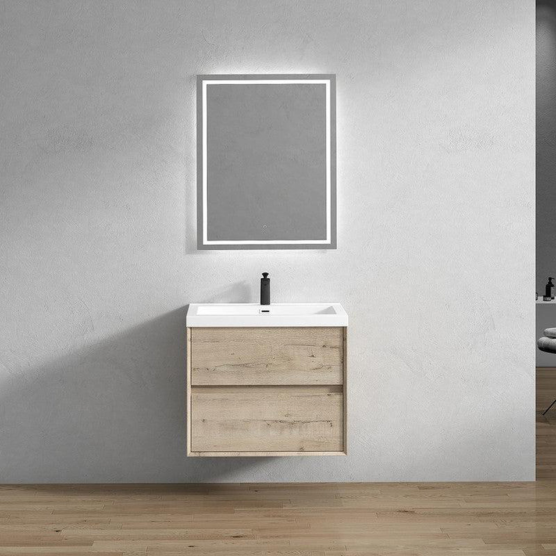 Noble 30" Light Oak Wall-Mounted Vanity With Single Reinforced White Acrylic Sink