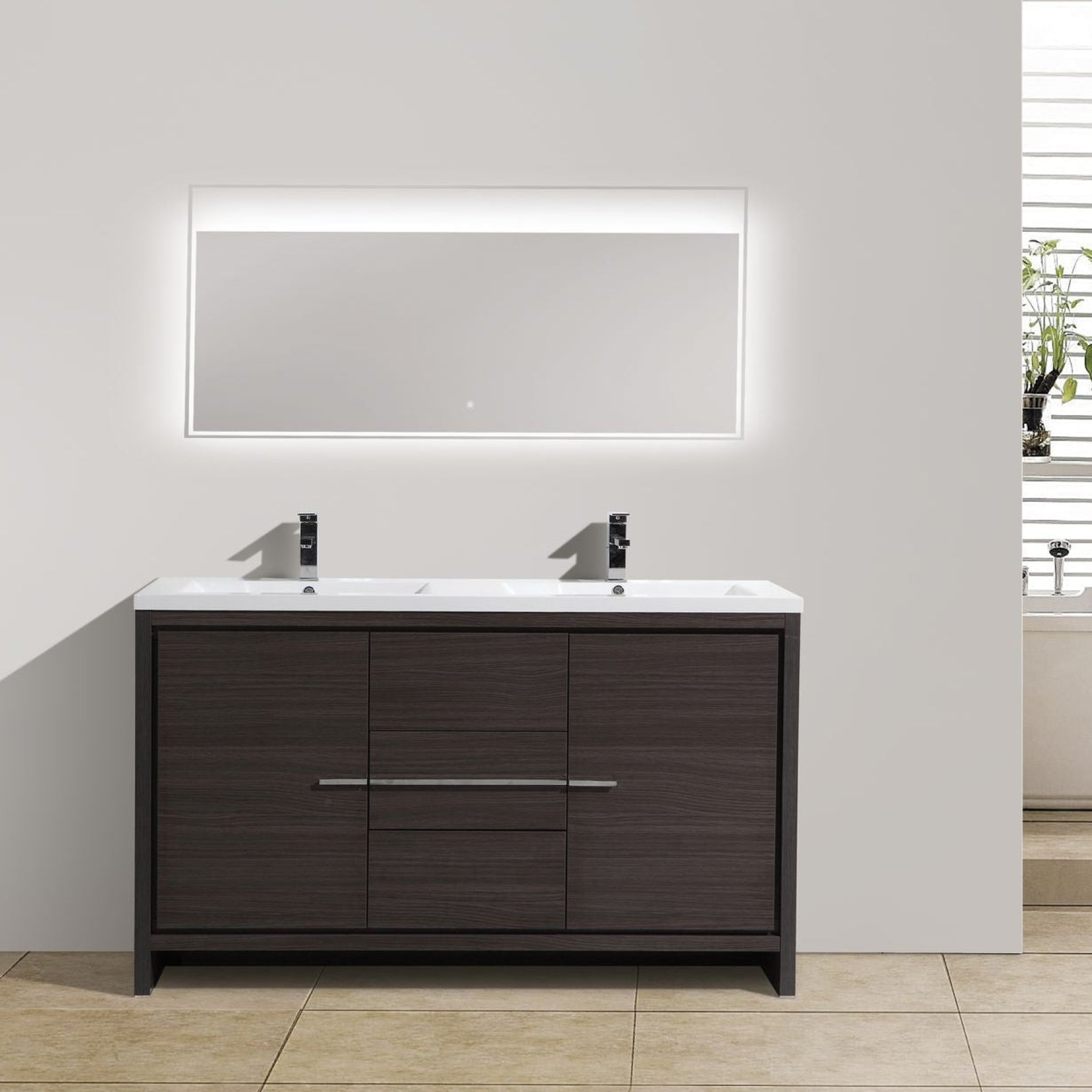 Amara 60" Dark Gray Oak Freestanding Vanity With Double Reinforced White Acrylic Sinks