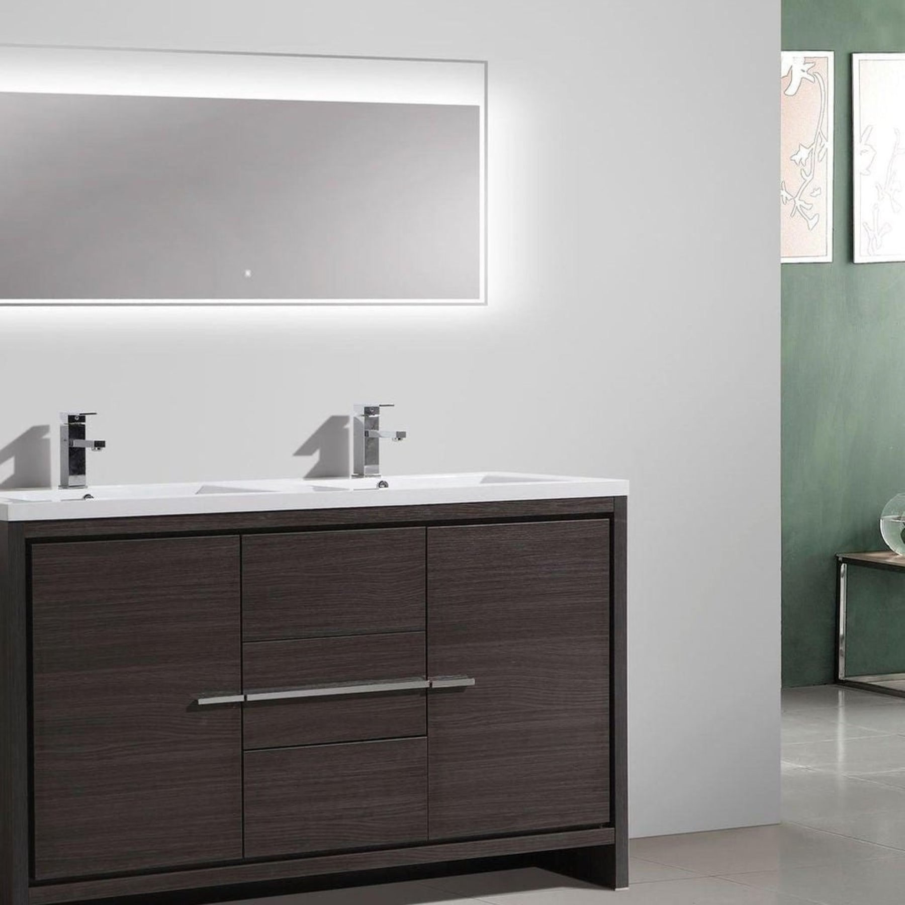 Amara 60" Dark Gray Oak Freestanding Vanity With Double Reinforced White Acrylic Sinks