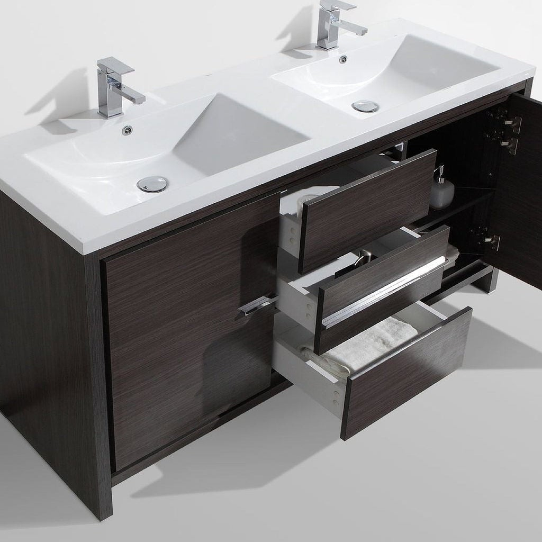 Amara 60" Dark Gray Oak Freestanding Vanity With Double Reinforced White Acrylic Sinks