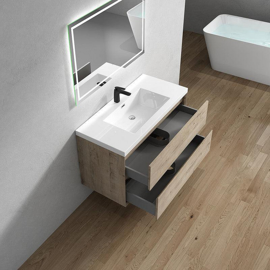 Noble 42" Light Oak Wall-Mounted Vanity With Single Reinforced White Acrylic Sink