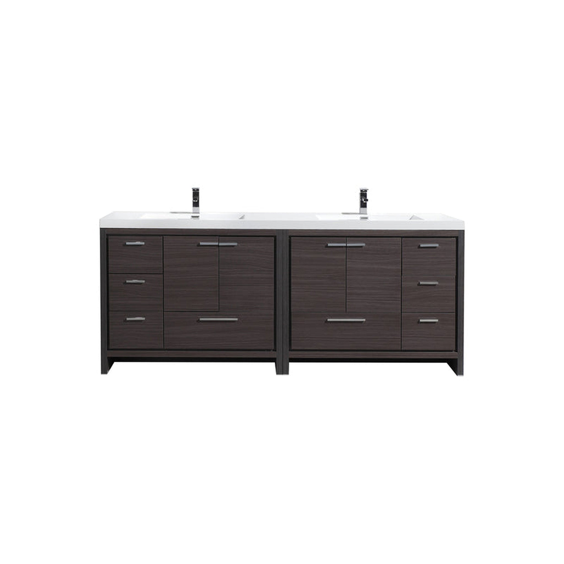 Amara 84" Dark Gray Oak Freestanding Vanity With Double Reinforced White Acrylic Sinks