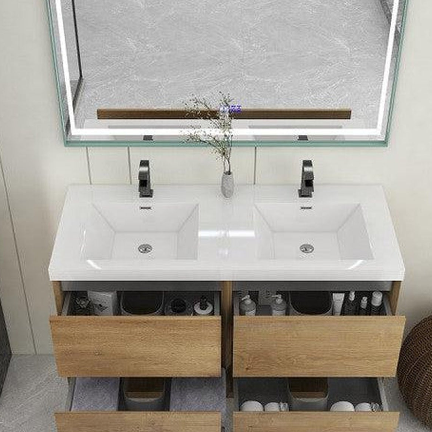 Noble 48" White Oak Wall-Mounted Modern Vanity With Double Reinforced White Acrylic Sinks