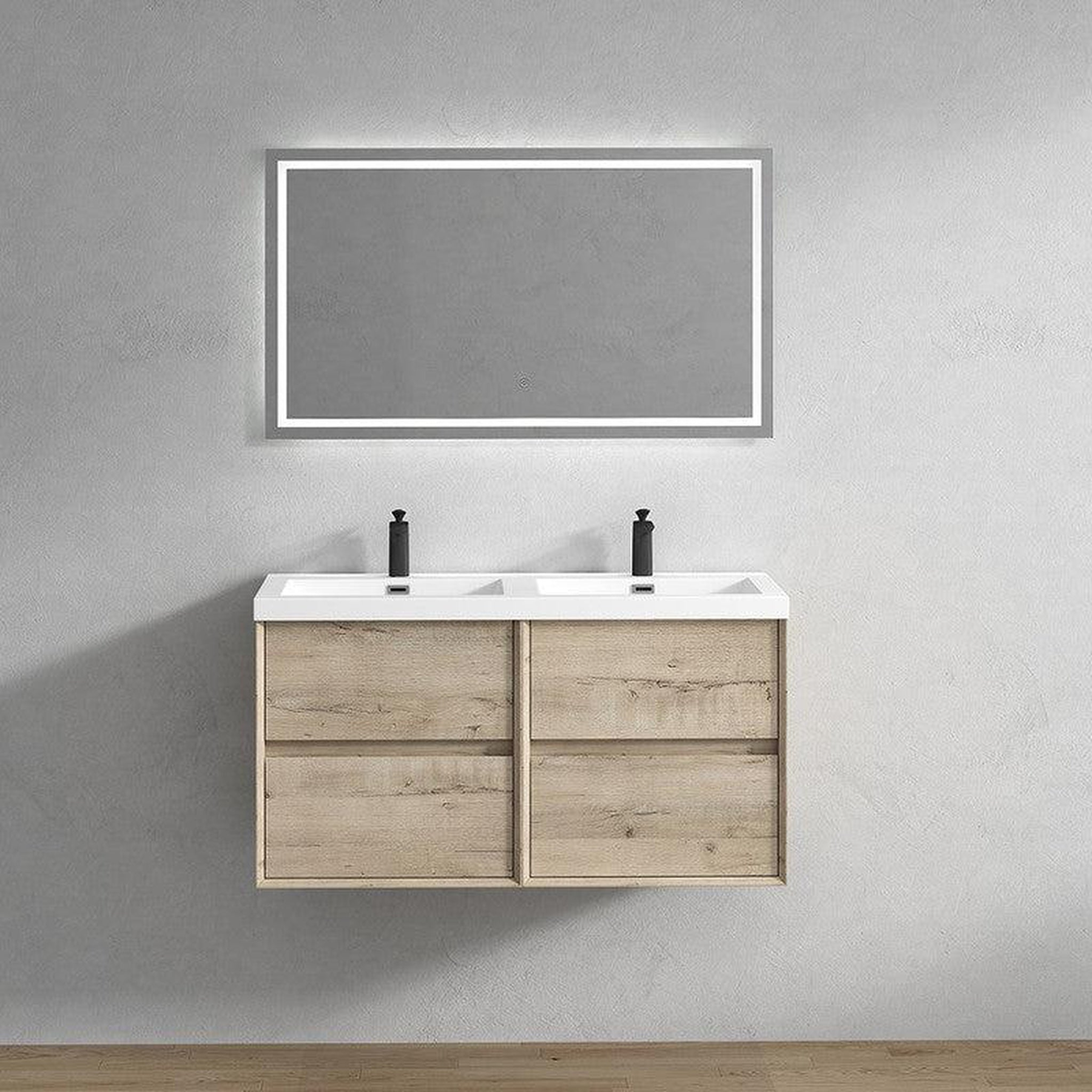 Noble 48" Light Oak Wall-Mounted Modern Vanity With Double Reinforced White Acrylic Sinks