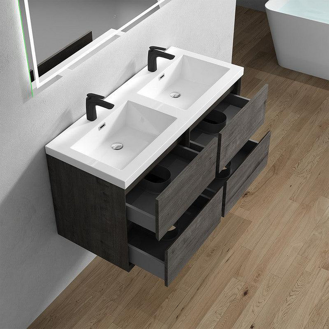 Noble 48" Smoke Oak Wall-Mounted Modern Vanity With Double Reinforced White Acrylic Sinks