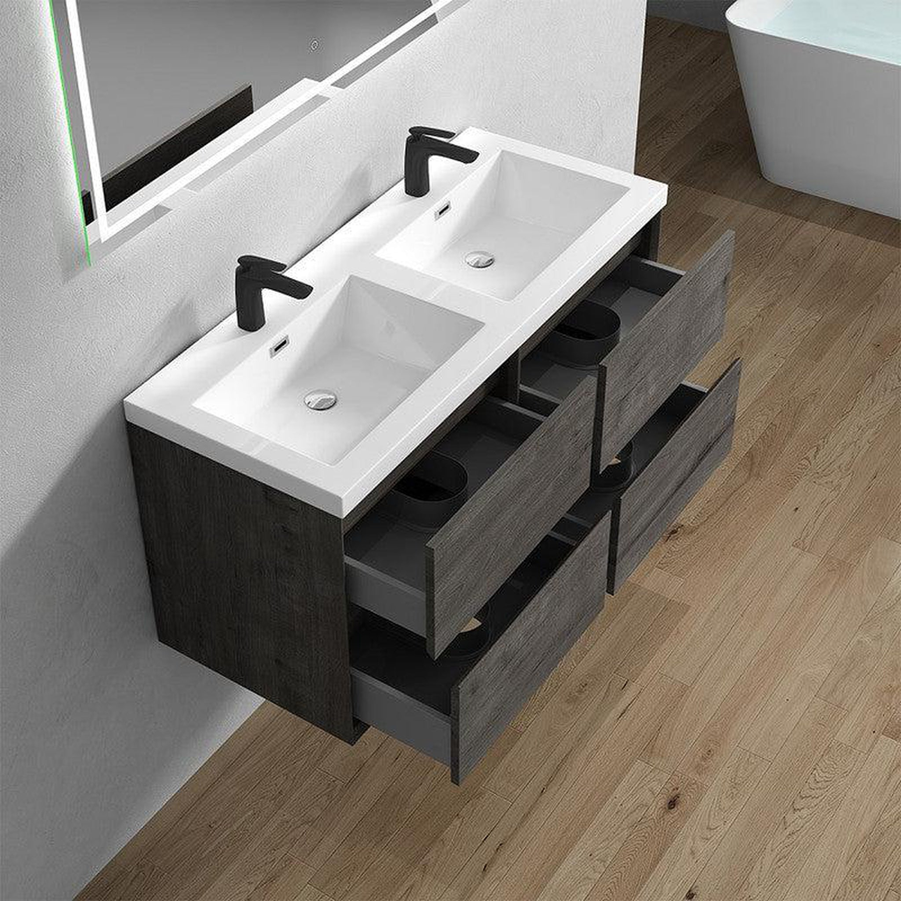 Noble 48" Smoke Oak Wall-Mounted Modern Vanity With Double Reinforced White Acrylic Sinks
