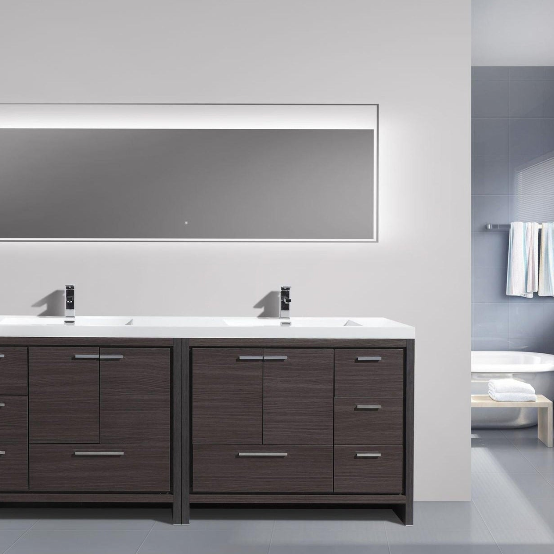Amara 84" Dark Gray Oak Freestanding Vanity With Double Reinforced White Acrylic Sinks