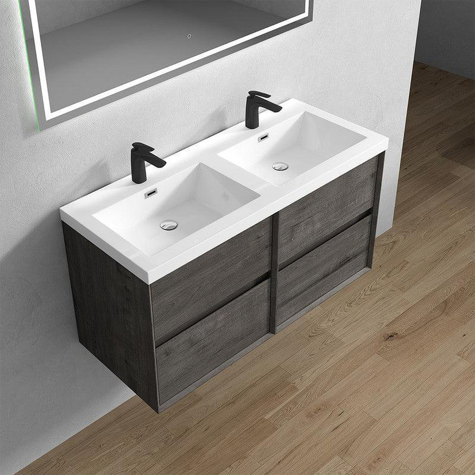 Noble 48" Smoke Oak Wall-Mounted Modern Vanity With Double Reinforced White Acrylic Sinks