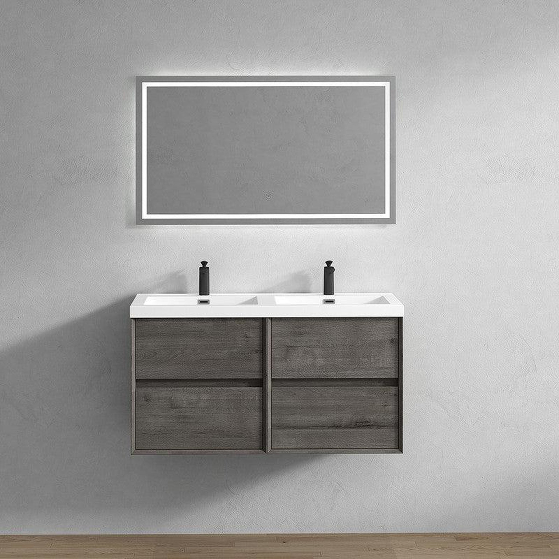 Noble 48" Smoke Oak Wall-Mounted Modern Vanity With Double Reinforced White Acrylic Sinks