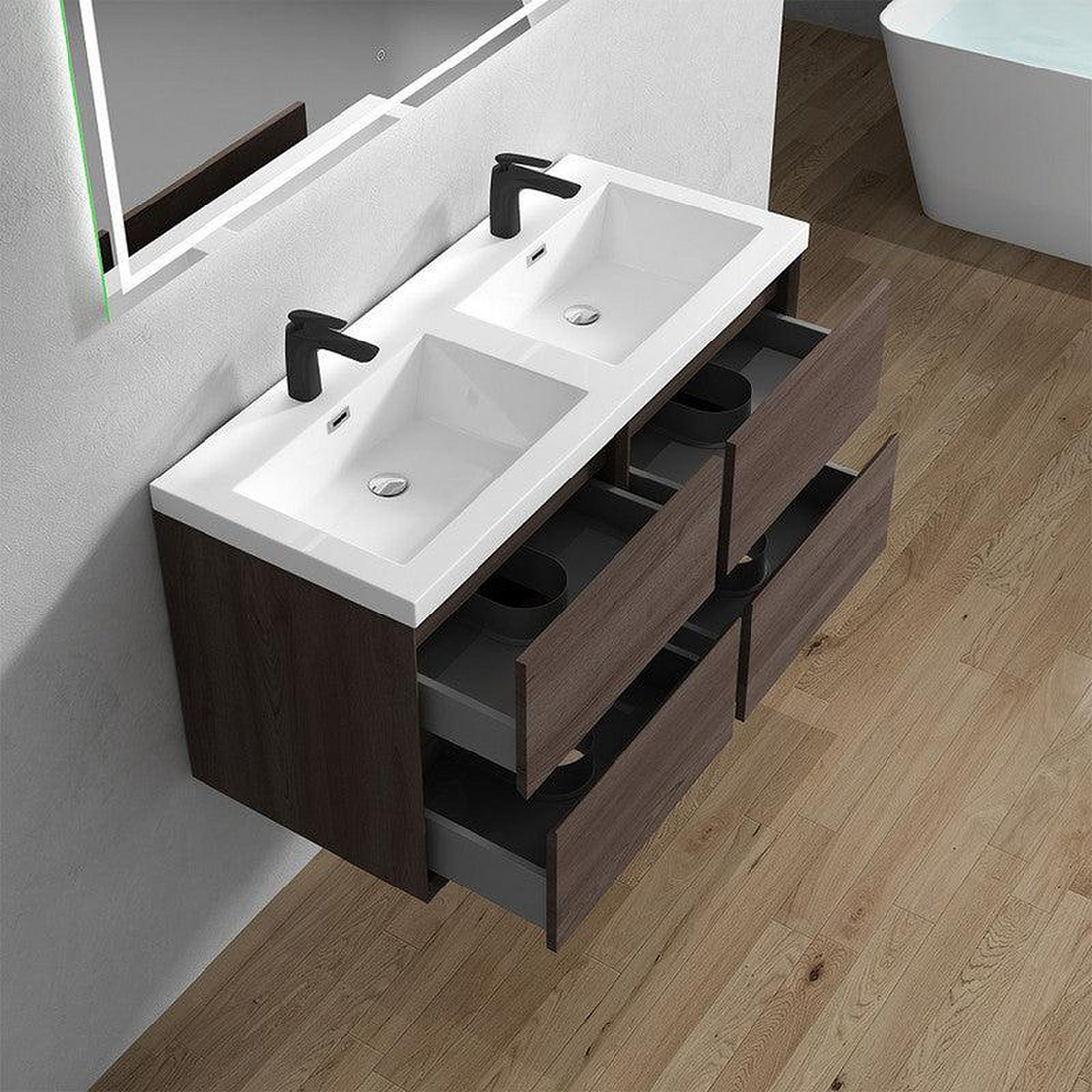 Noble 48" Red Oak Wall-Mounted Modern Vanity With Double Reinforced White Acrylic Sinks