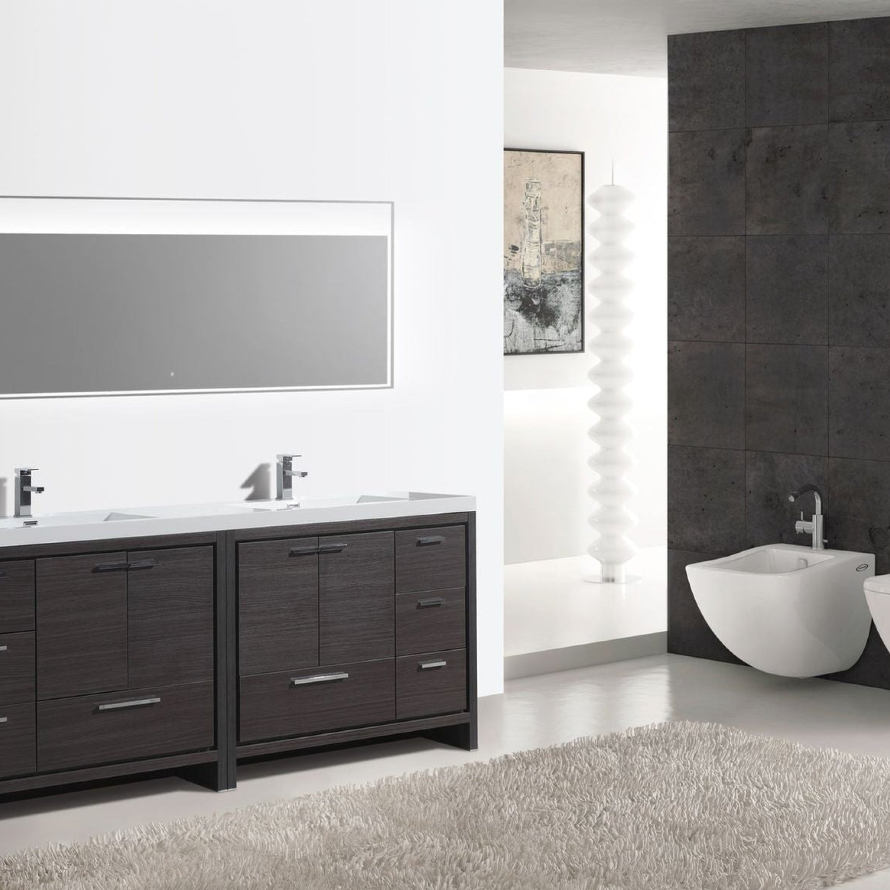 Amara 84" Dark Gray Oak Freestanding Vanity With Double Reinforced White Acrylic Sinks