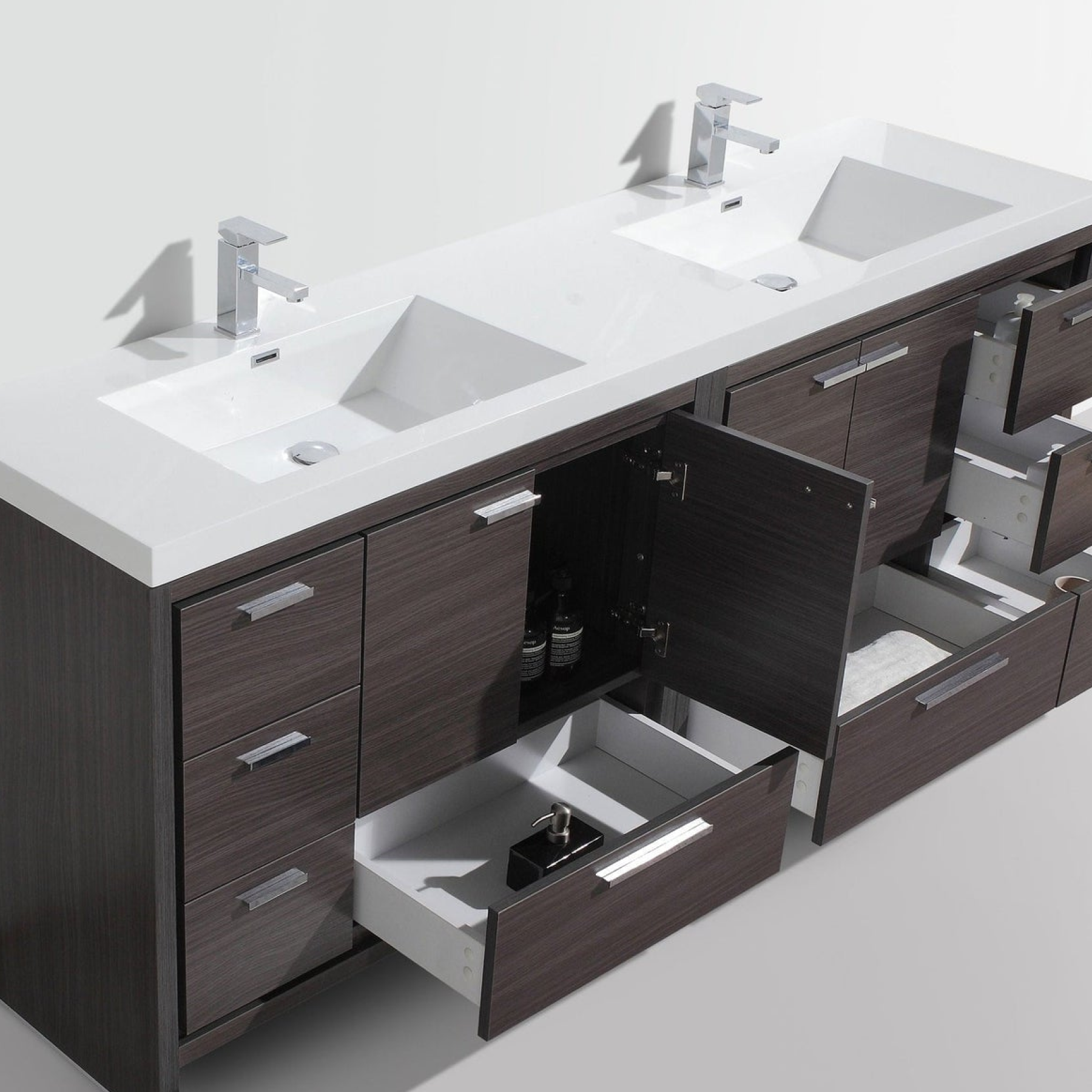 Amara 84" Dark Gray Oak Freestanding Vanity With Double Reinforced White Acrylic Sinks