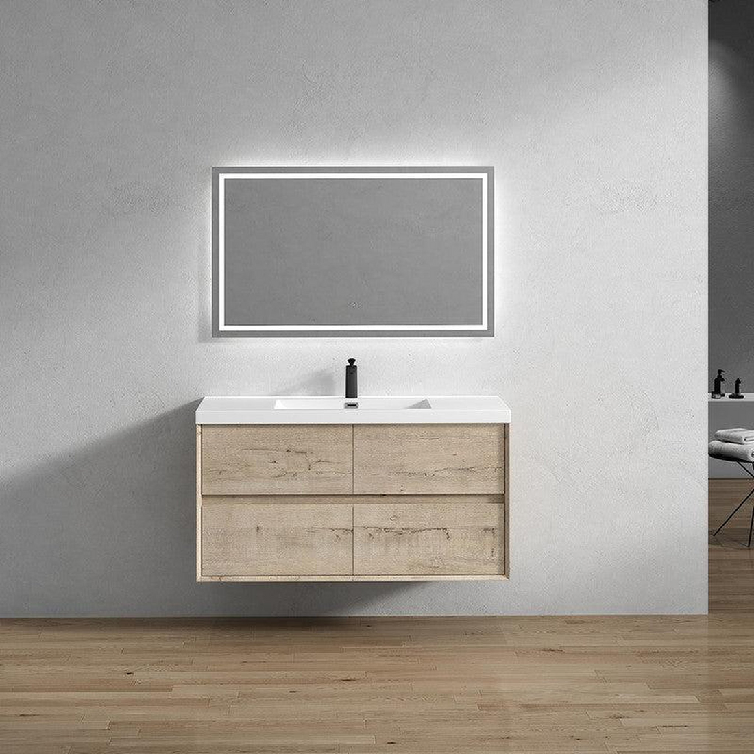 Noble 48" Light Oak Wall-Mounted Modern Vanity With Single Reinforced White Acrylic Sink